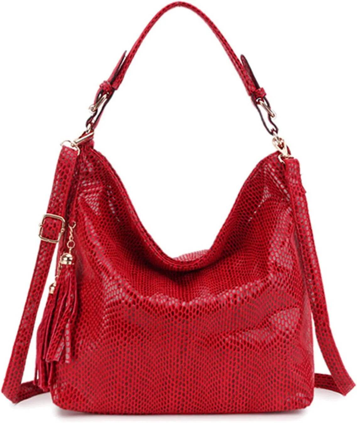 Hobo Handbags for Women Large Hobo Bags Purses PU Leather Shoulder Bags Ladies Crossbody Bag with Tassel (Red)