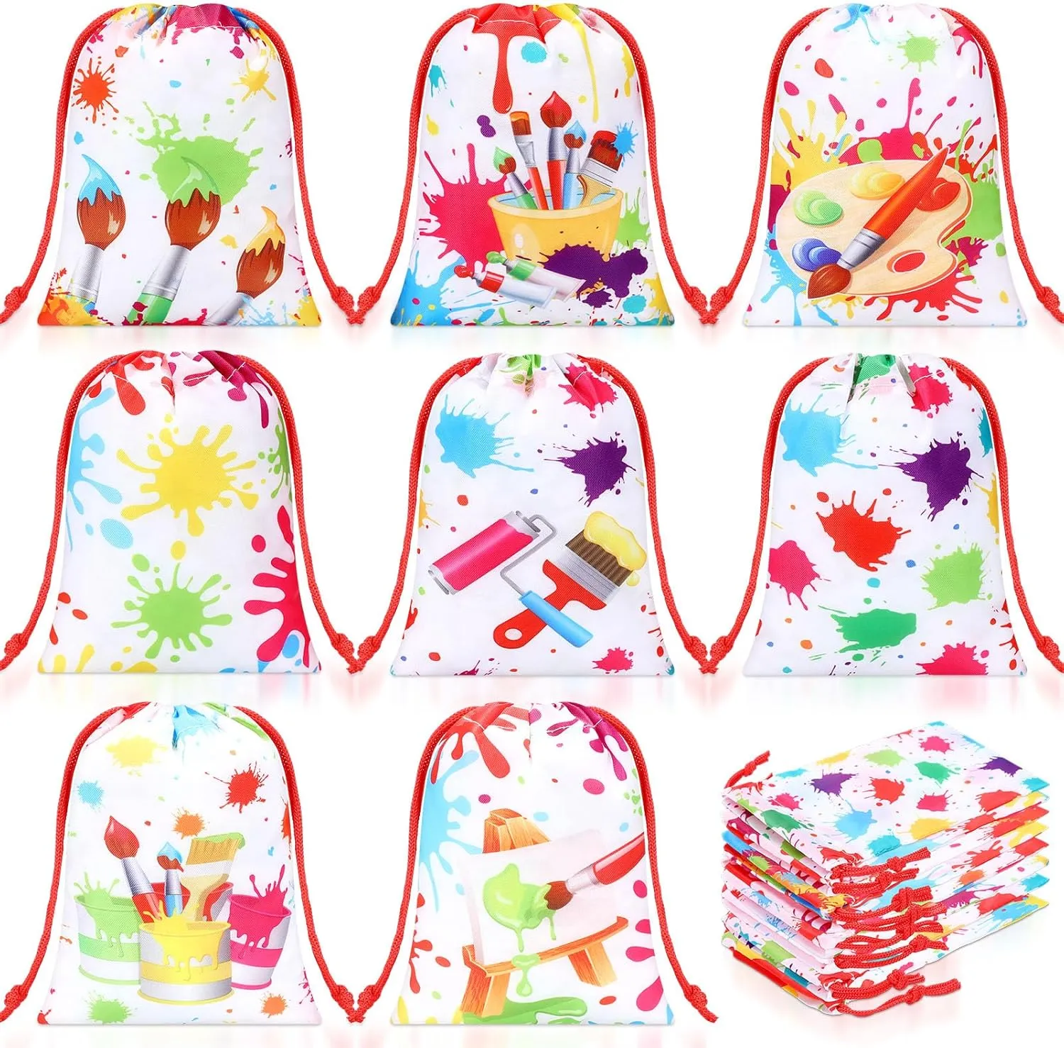Honoson 24 Pieces Paint Art Gift Favor Bags 5 x 7 Inch Small Painting Bags Art Party Treat Goodie Candy Drawstring Pouches for Drawing Splatter Party Birthday Decorations Supplies