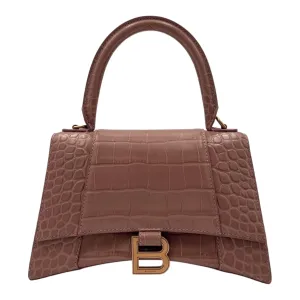Hourglass Top Handle Bag Beige in Crocodile Embossed Calfskin, Silver hardware