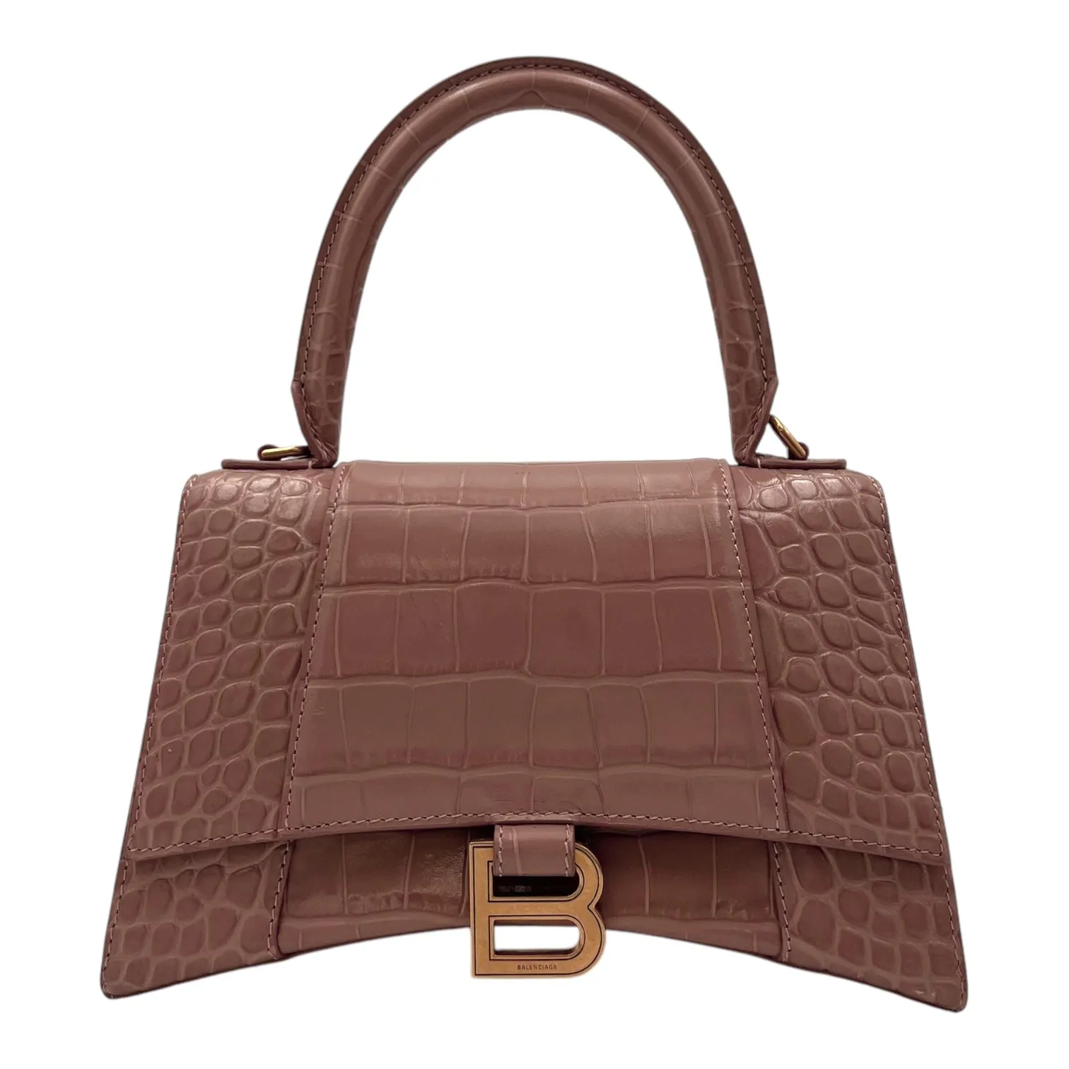 Hourglass Top Handle Bag Beige in Crocodile Embossed Calfskin, Silver hardware