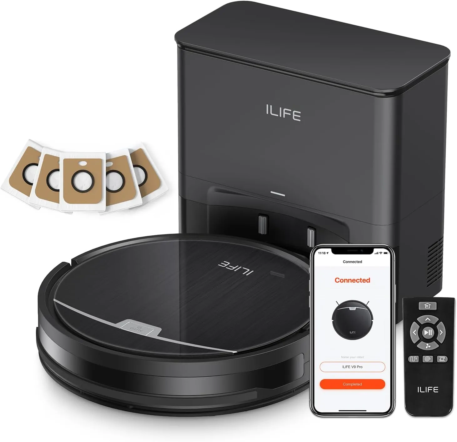 ILIFE V9 Pro Robot Vacuum and Mop Combo, Self Emptying Robot Vacuum Cleaner, 3000Pa Strong Suction, Gyro Navigation, App/Alexa/Remote Control, Works with 2.4G Wifi, Ideal for Hard Floors, Black