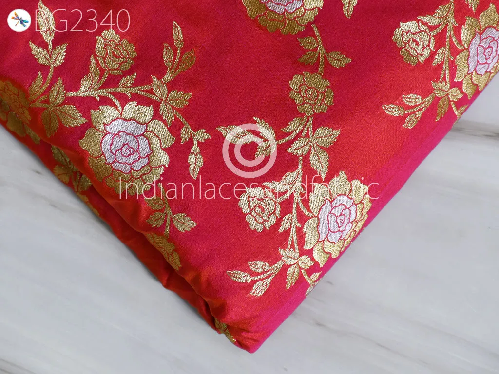Indian Iridescent Magenta Brocade Fabric by the Yard Wedding Dress Indian Blended Banarasi Dress Material Sewing Cushion Home Décor DIY Kids Crafting Fabric