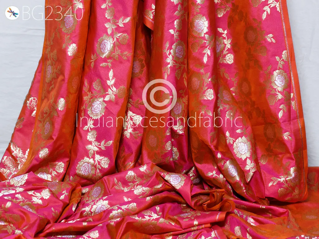Indian Iridescent Magenta Brocade Fabric by the Yard Wedding Dress Indian Blended Banarasi Dress Material Sewing Cushion Home Décor DIY Kids Crafting Fabric