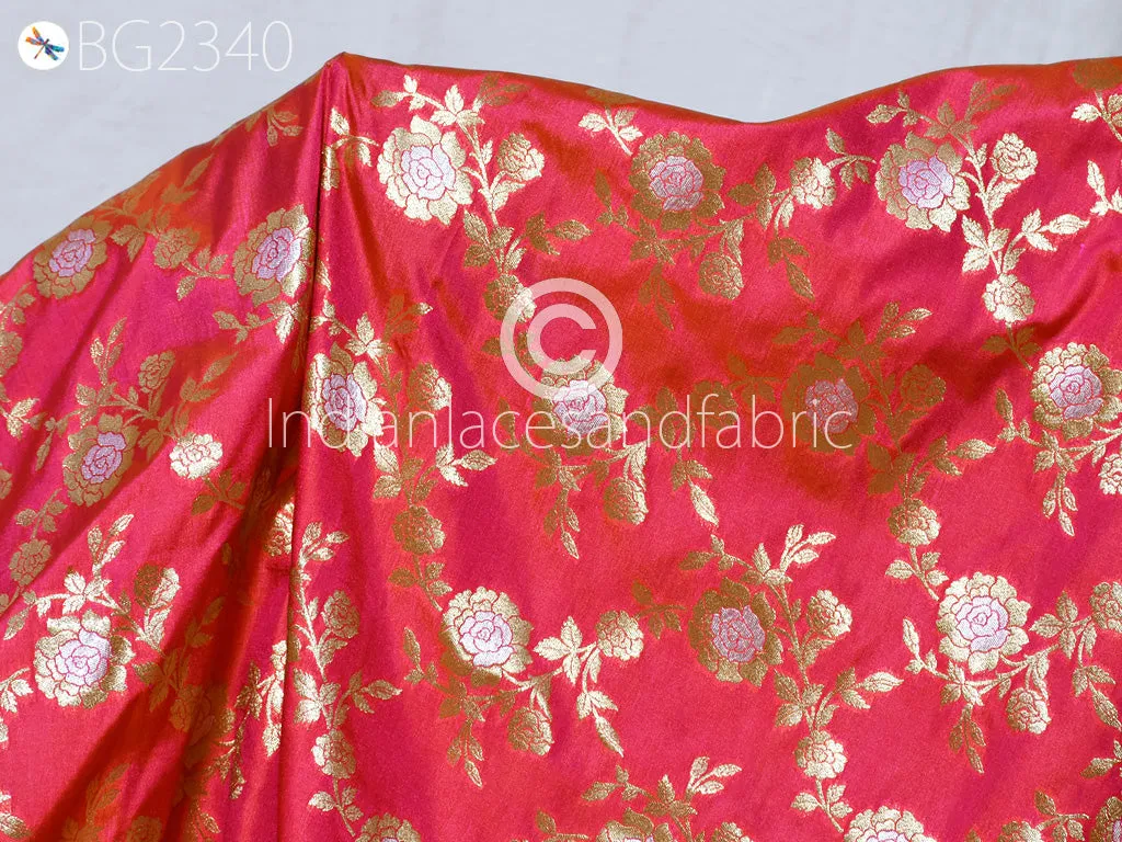 Indian Iridescent Magenta Brocade Fabric by the Yard Wedding Dress Indian Blended Banarasi Dress Material Sewing Cushion Home Décor DIY Kids Crafting Fabric