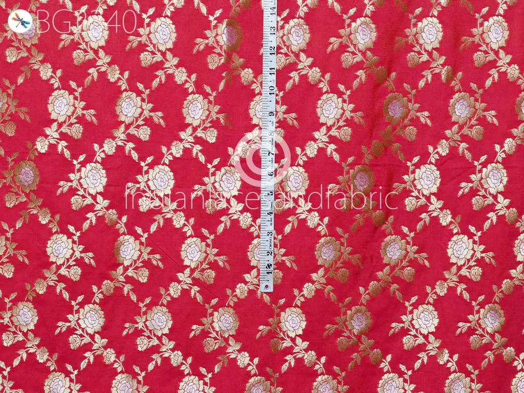 Indian Iridescent Magenta Brocade Fabric by the Yard Wedding Dress Indian Blended Banarasi Dress Material Sewing Cushion Home Décor DIY Kids Crafting Fabric