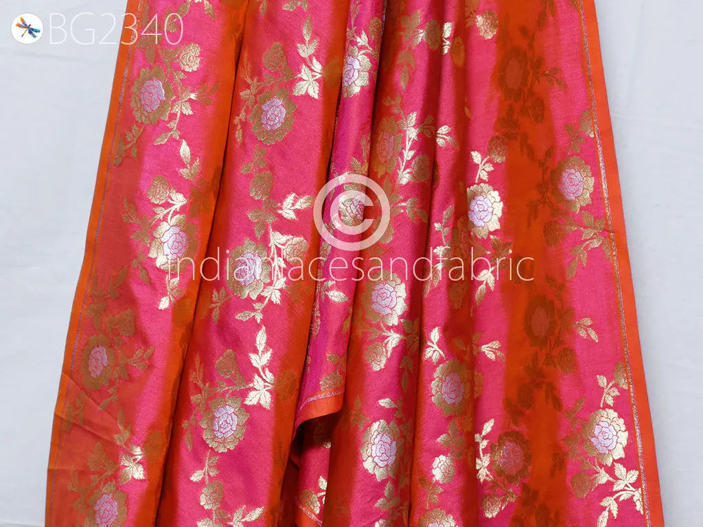Indian Iridescent Magenta Brocade Fabric by the Yard Wedding Dress Indian Blended Banarasi Dress Material Sewing Cushion Home Décor DIY Kids Crafting Fabric