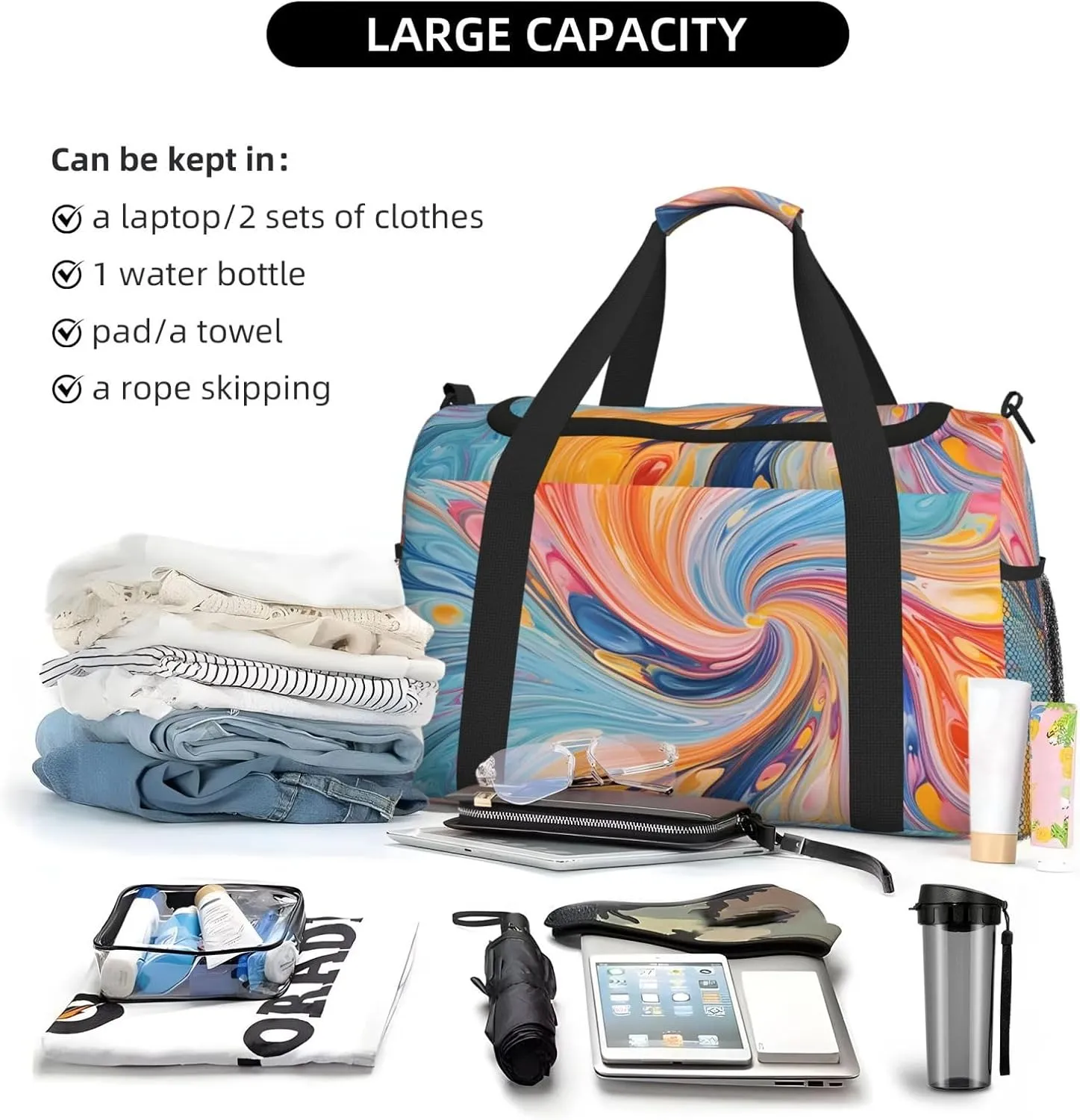 Ink Liquid Rainbow Duffle Bag Foldable Travel Tote Bag Carry On Large Weekender Overnight Bags Waterproof Gym Bag For Women Men