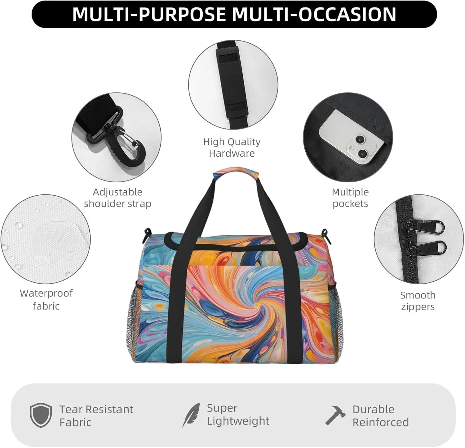 Ink Liquid Rainbow Duffle Bag Foldable Travel Tote Bag Carry On Large Weekender Overnight Bags Waterproof Gym Bag For Women Men