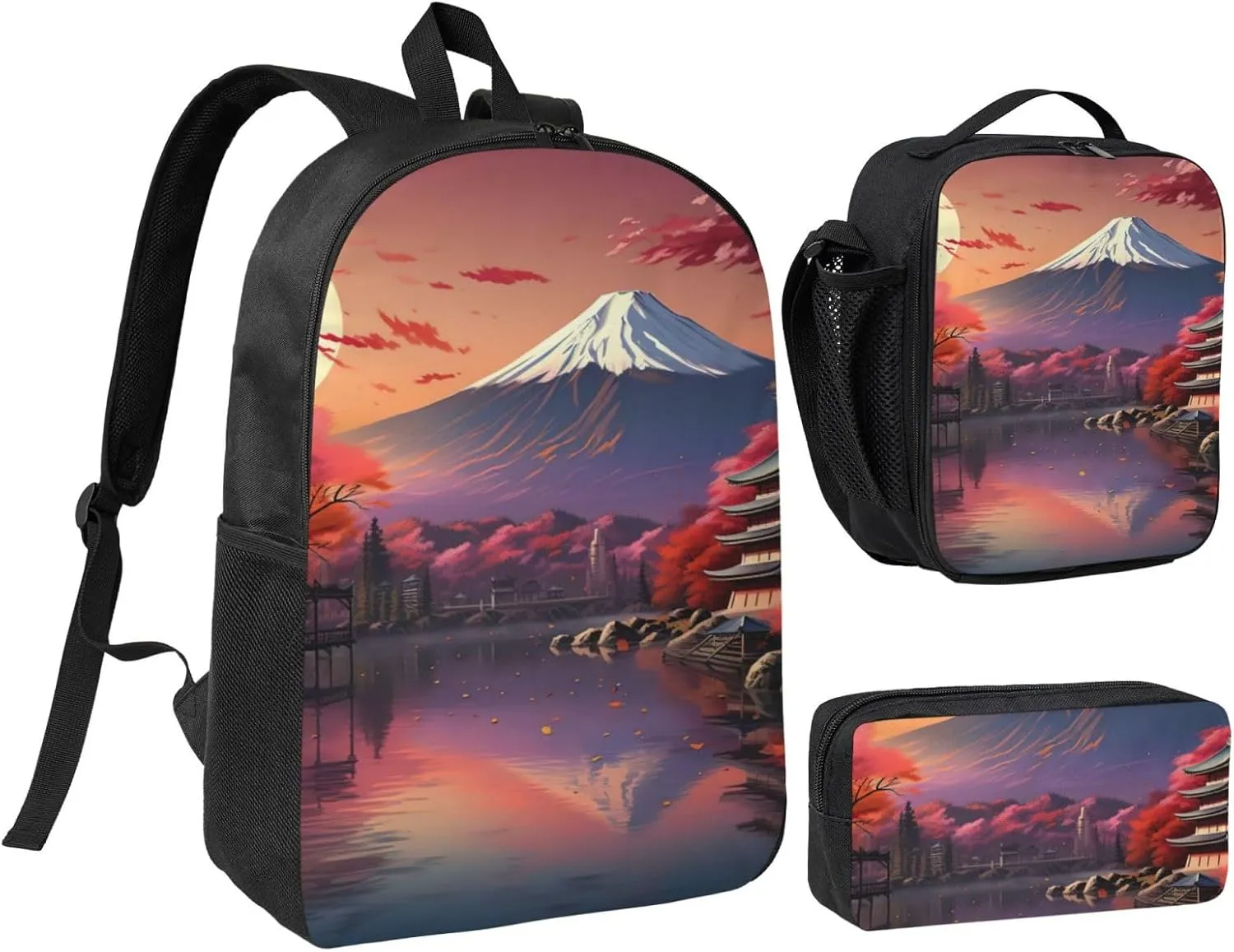 Japan Mount Fuji Landscape print 3 Piece Backpack Bags with Lunch Box Pencil Case Set for Travel Work Camping Unisex