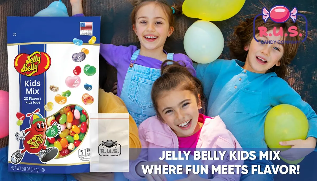 Jelly Belly Jelly Bean Assorted Flavor - 9.8oz Bag with R.U.S. Candy Pocket Size Travel Bag   3 R.U.S. Candy Cards (Kids Mix)