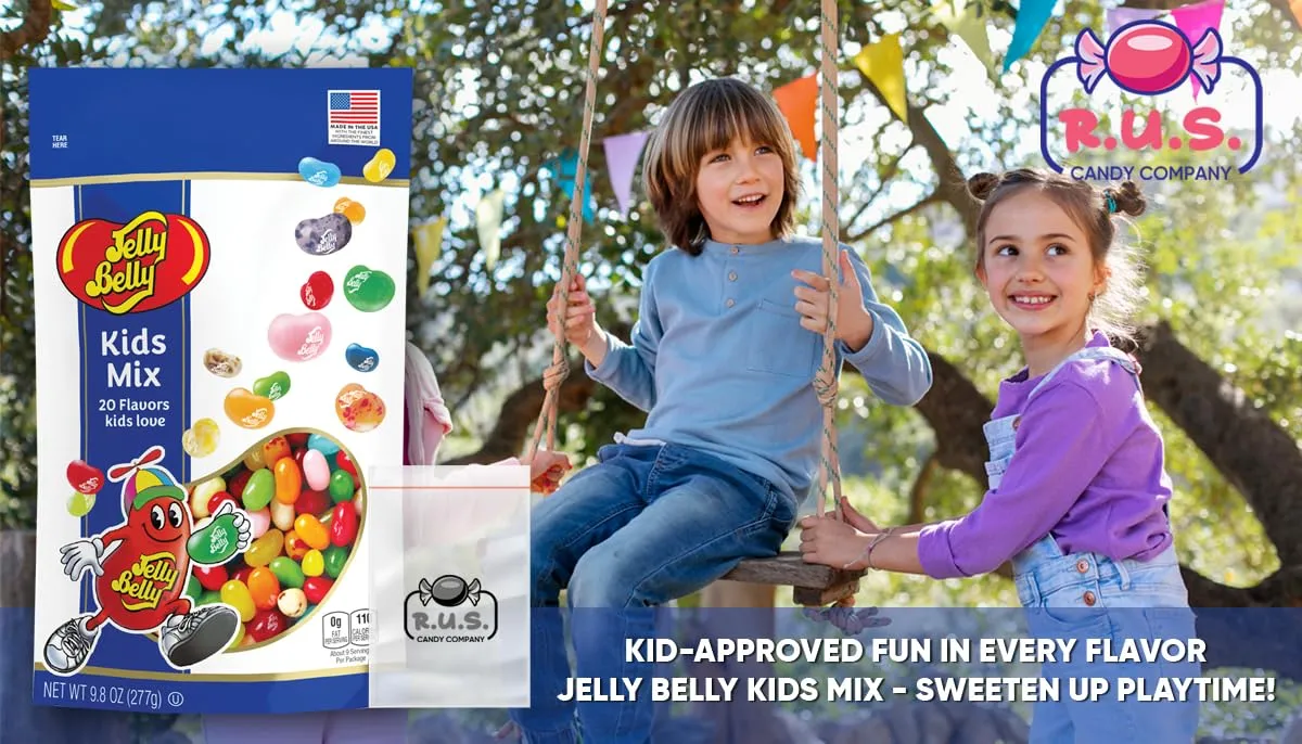 Jelly Belly Jelly Bean Assorted Flavor - 9.8oz Bag with R.U.S. Candy Pocket Size Travel Bag   3 R.U.S. Candy Cards (Kids Mix)