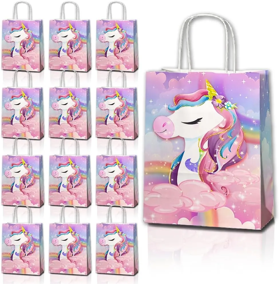 JOYGATHER 24 Pcs Unicorn Party Favor Bags with Handles - Unicorn Goodie Bags Gift Bags. Rainbow Theme Candy Bags, Kraft Paper Bags for Birthday Party Supplies, and Baby Shower Decorations