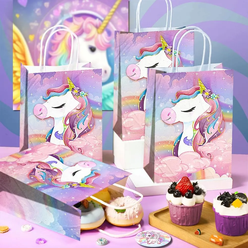 JOYGATHER 24 Pcs Unicorn Party Favor Bags with Handles - Unicorn Goodie Bags Gift Bags. Rainbow Theme Candy Bags, Kraft Paper Bags for Birthday Party Supplies, and Baby Shower Decorations