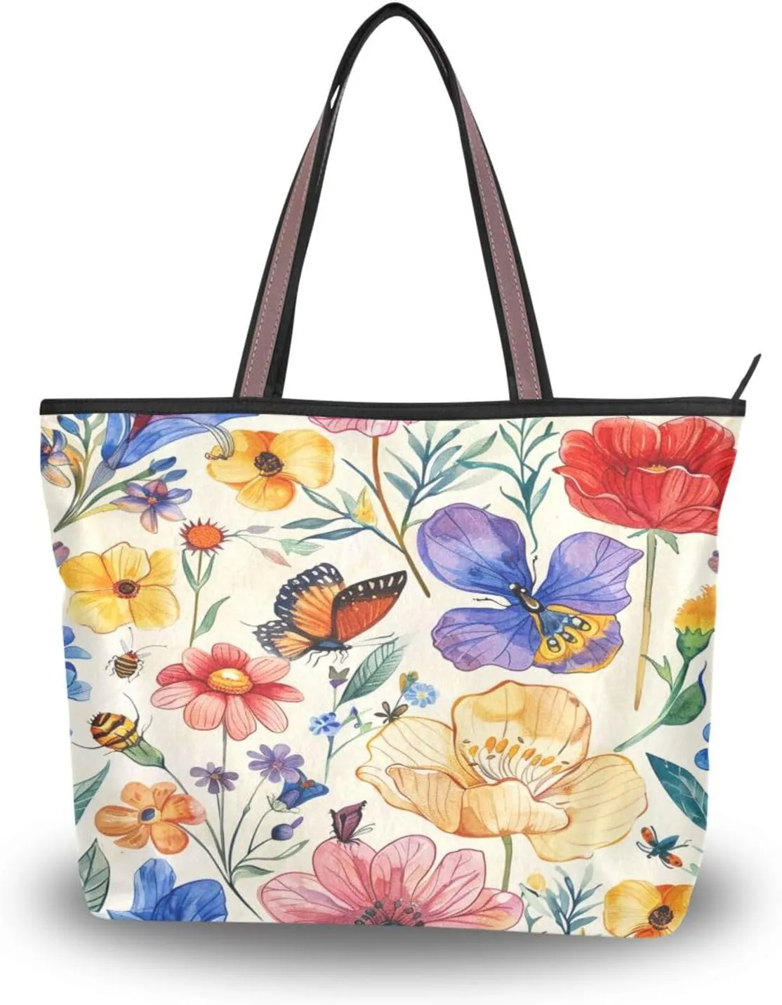 JSTEL Butterfly Handbag for Women with Zipper,Flower Purse Floral Tote Bag for Work Business,81