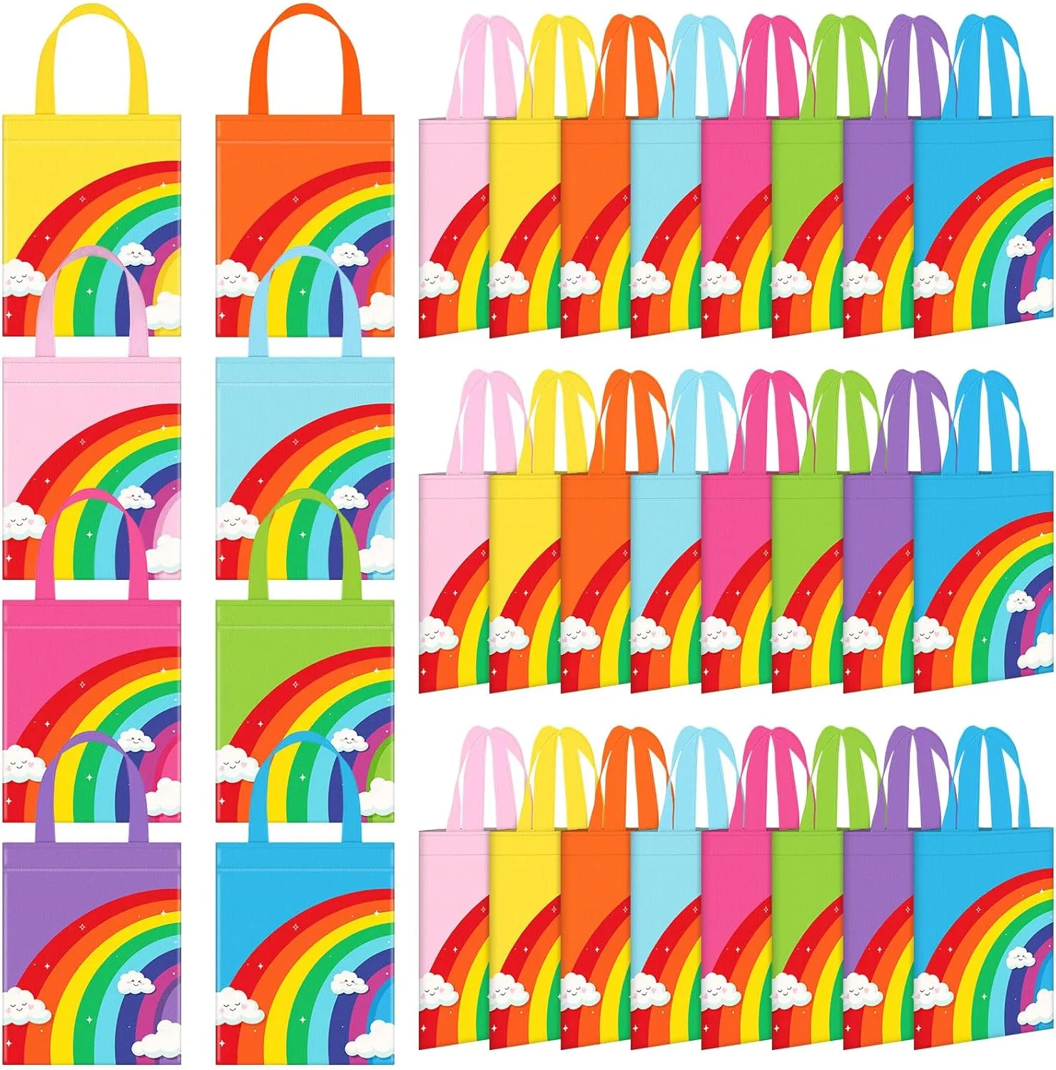 Kajaia 32 Pieces Rainbow Non Woven Tote Gift Bags with Handles Rainbow Cloud Goody Treat Bags for Theme Party Baby Shower Wedding Birthday Supplies, 8 Colors
