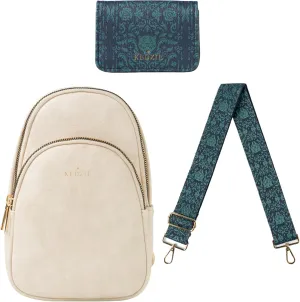 KEDZIE Sunset Sling Bag Vegan Leather Crossbody Bag (Shell), Interchangeable 2-Inch Bag Strap (Viceroy) & Essentials Only Cash Card Wallet in Vegan Leather (Viceroy)