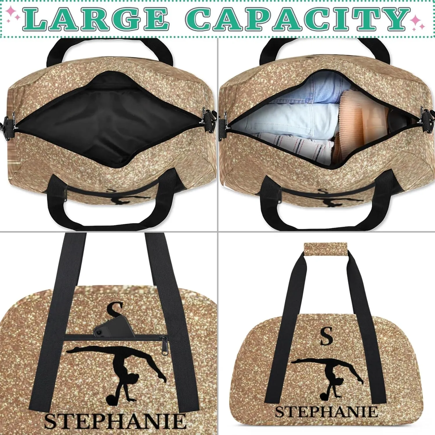 Kids Duffle Bag Personalized Gym Bag Overnight Bags, Ideal for Travel and Sports, Suitable for Men Women for Gym, Dance, Yoga, Durable Waterproof Sport Overnight Handbags Print Gold
