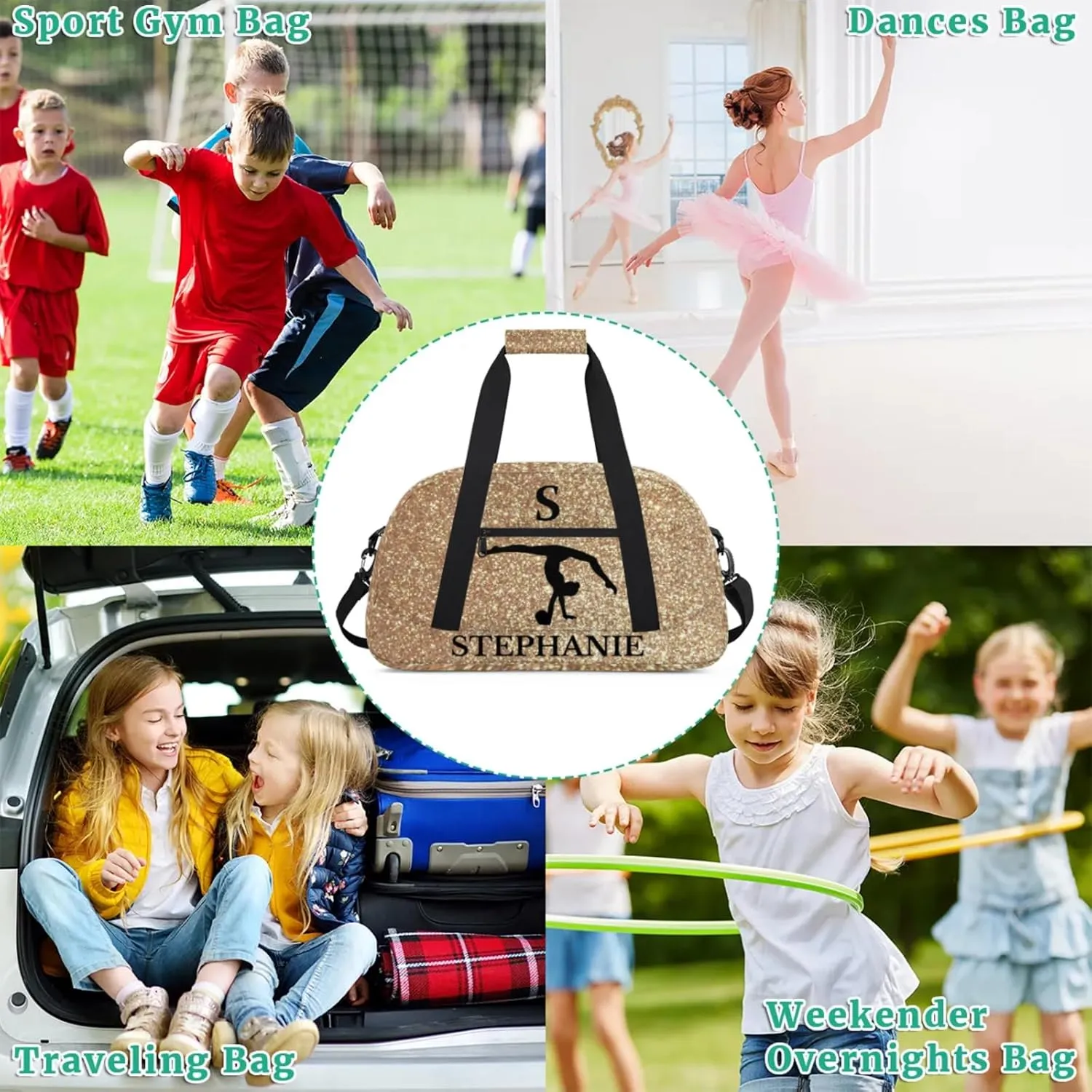 Kids Duffle Bag Personalized Gym Bag Overnight Bags, Ideal for Travel and Sports, Suitable for Men Women for Gym, Dance, Yoga, Durable Waterproof Sport Overnight Handbags Print Gold