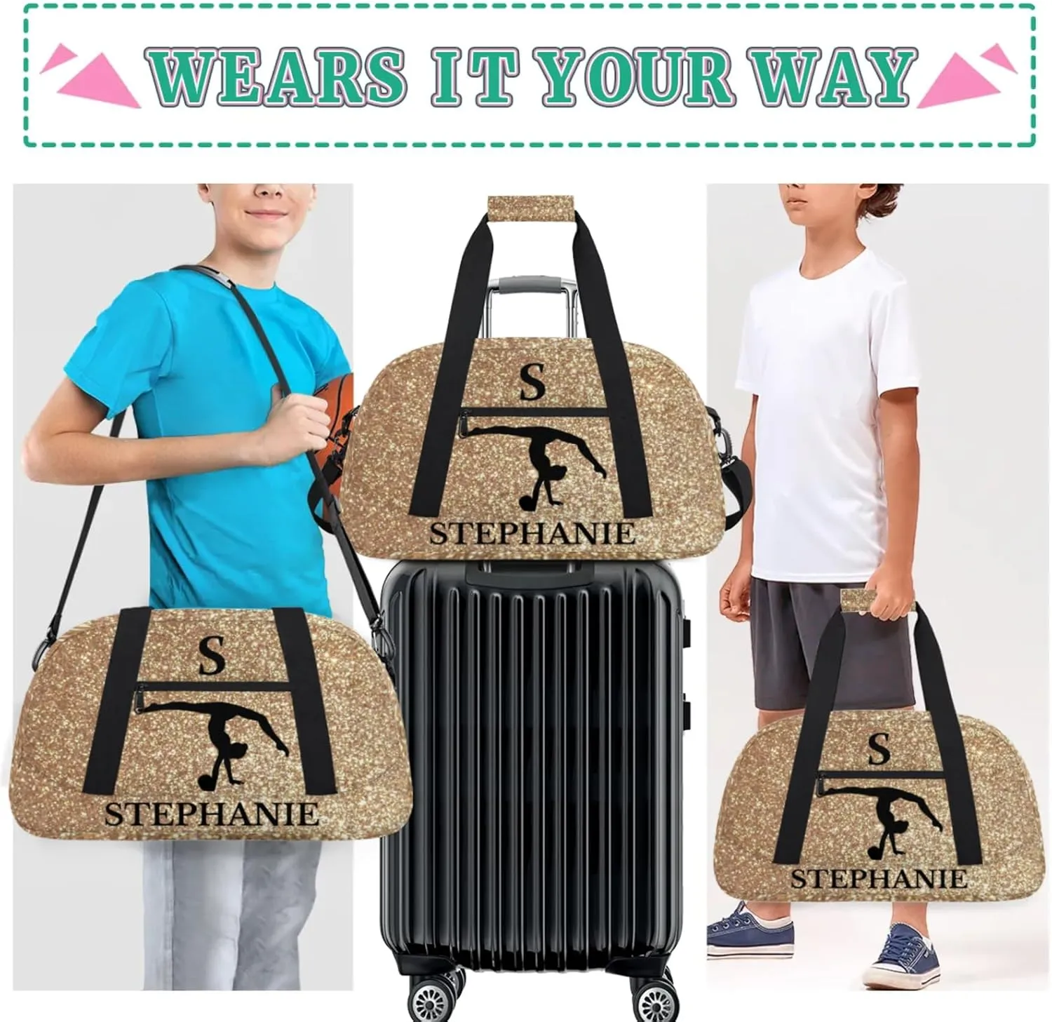 Kids Duffle Bag Personalized Gym Bag Overnight Bags, Ideal for Travel and Sports, Suitable for Men Women for Gym, Dance, Yoga, Durable Waterproof Sport Overnight Handbags Print Gold