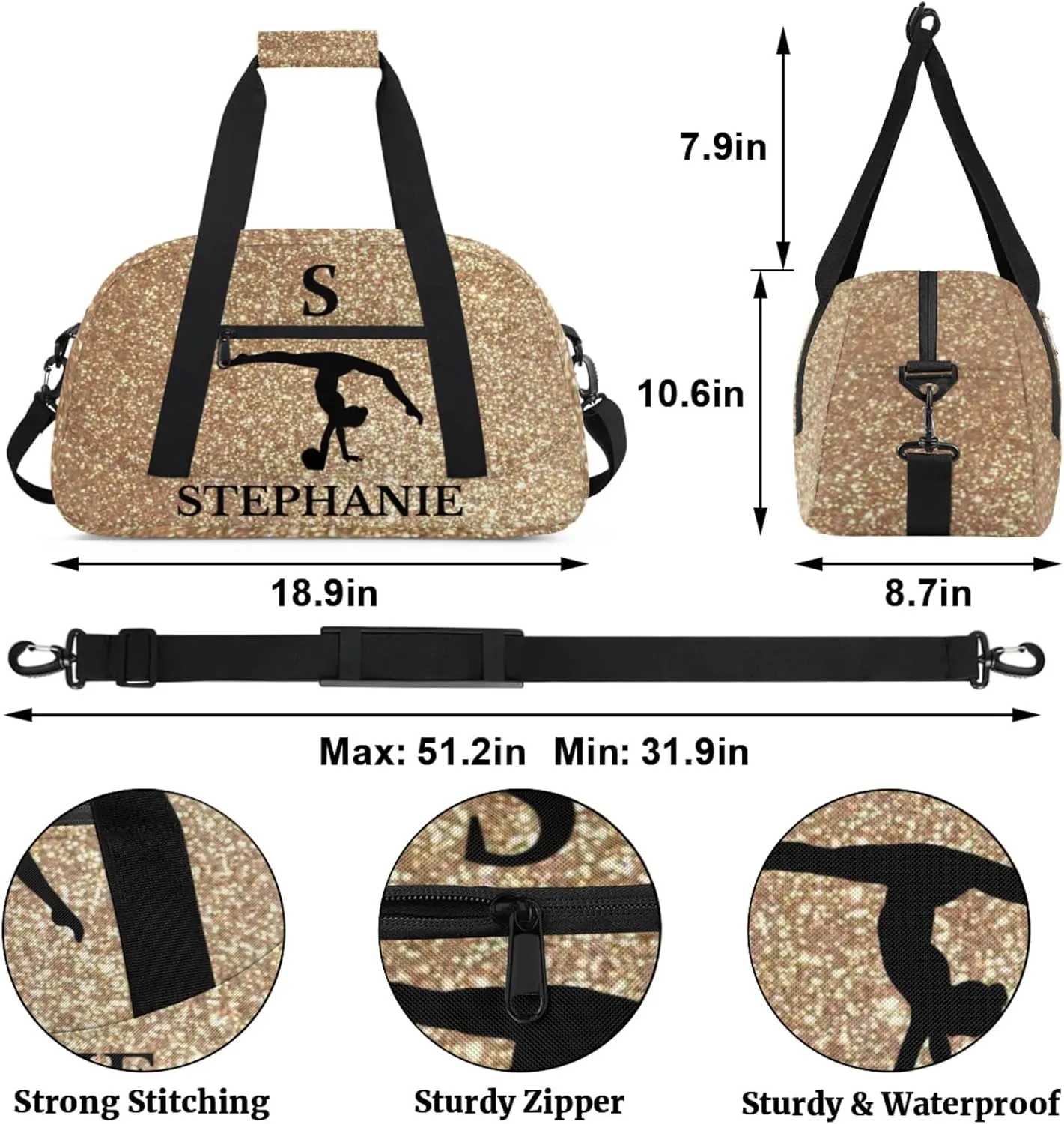 Kids Duffle Bag Personalized Gym Bag Overnight Bags, Ideal for Travel and Sports, Suitable for Men Women for Gym, Dance, Yoga, Durable Waterproof Sport Overnight Handbags Print Gold