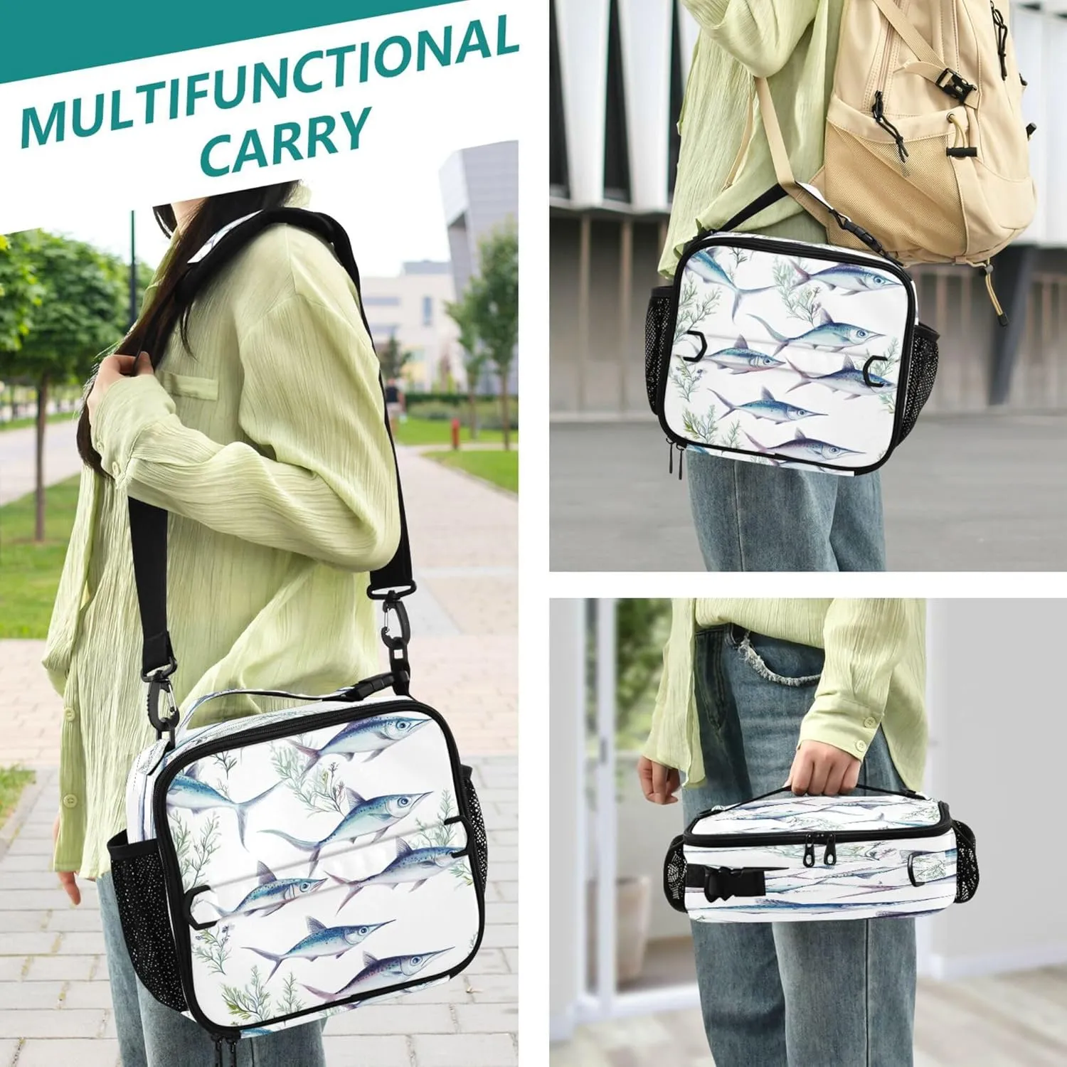 KLL Soft Liner Lunch Bags Leakproof Portable Thermal Lunch Boxes Removable Shoulder Strap Bag for School and Travel Sweet Swordfish Fishes