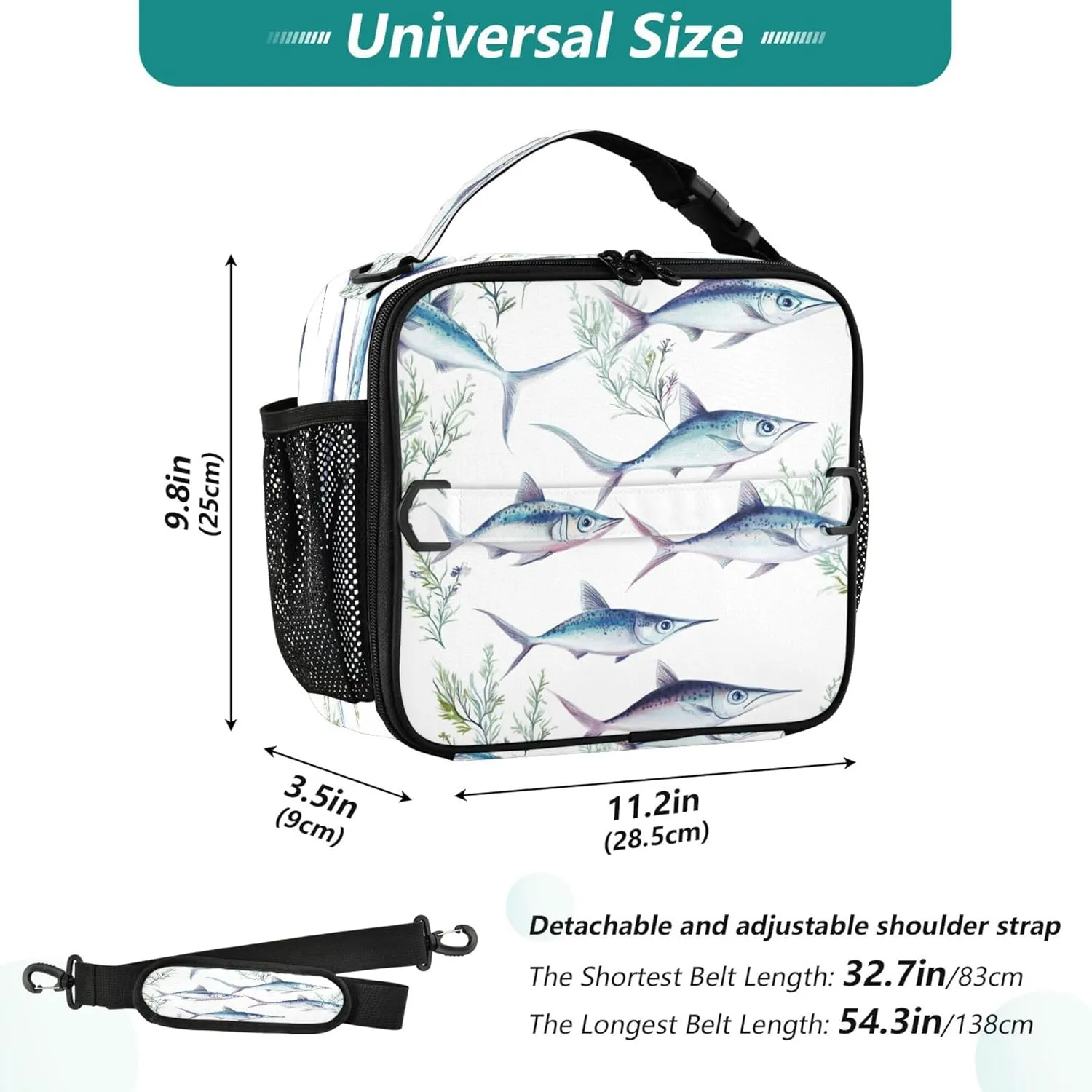 KLL Soft Liner Lunch Bags Leakproof Portable Thermal Lunch Boxes Removable Shoulder Strap Bag for School and Travel Sweet Swordfish Fishes