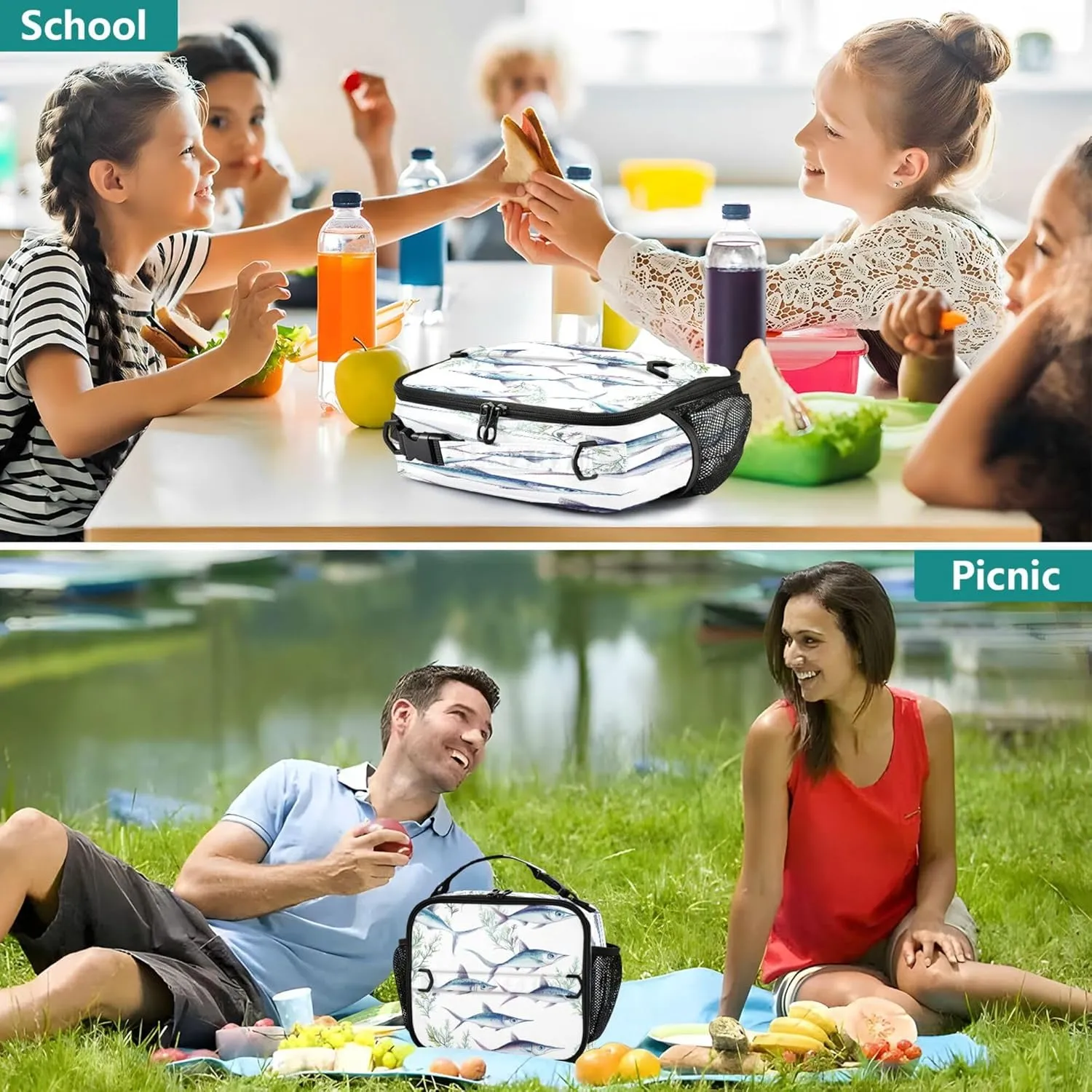 KLL Soft Liner Lunch Bags Leakproof Portable Thermal Lunch Boxes Removable Shoulder Strap Bag for School and Travel Sweet Swordfish Fishes