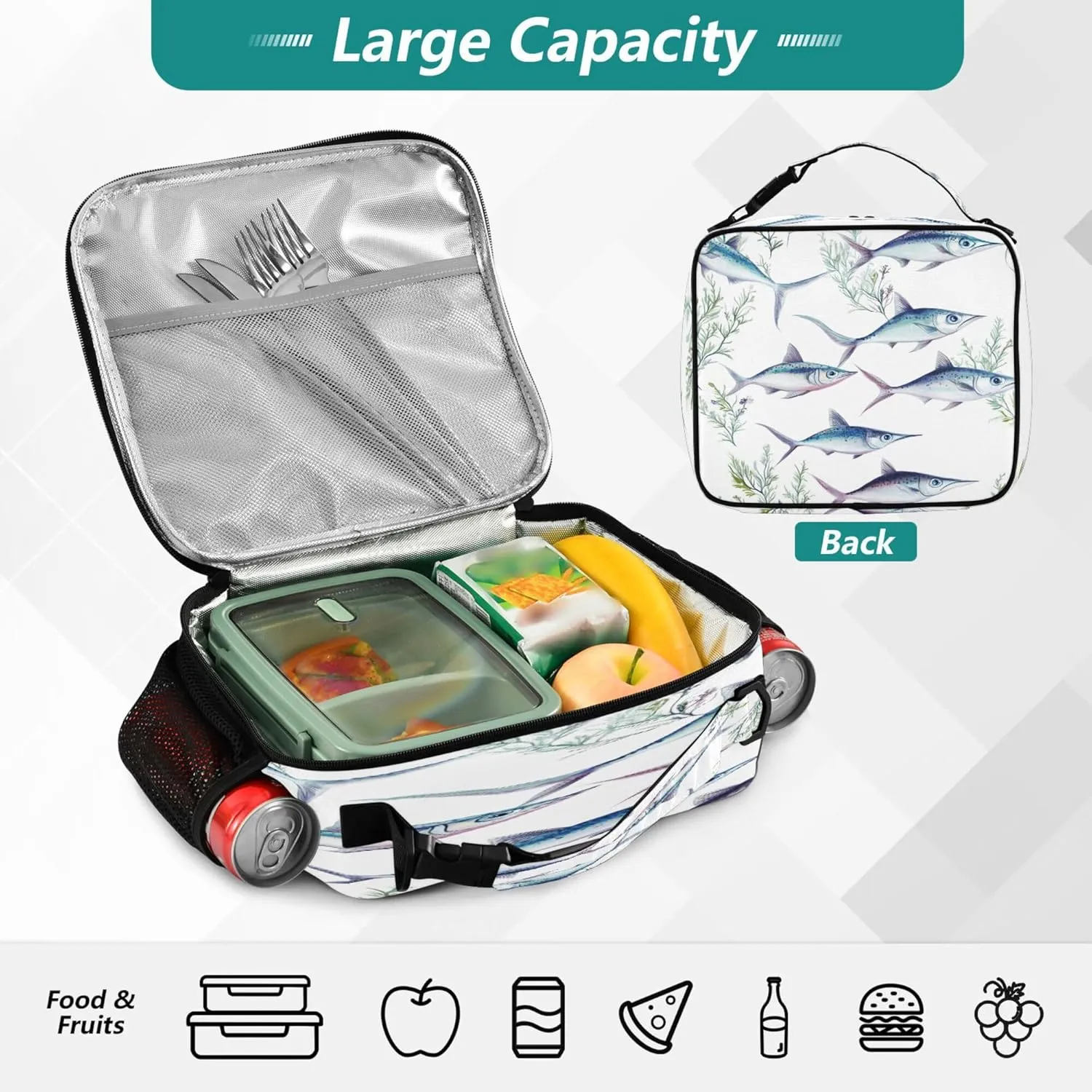 KLL Soft Liner Lunch Bags Leakproof Portable Thermal Lunch Boxes Removable Shoulder Strap Bag for School and Travel Sweet Swordfish Fishes