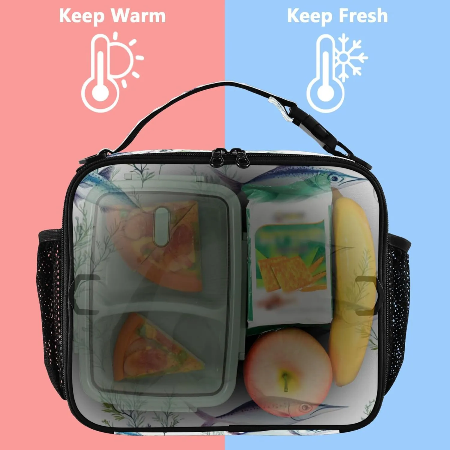 KLL Soft Liner Lunch Bags Leakproof Portable Thermal Lunch Boxes Removable Shoulder Strap Bag for School and Travel Sweet Swordfish Fishes