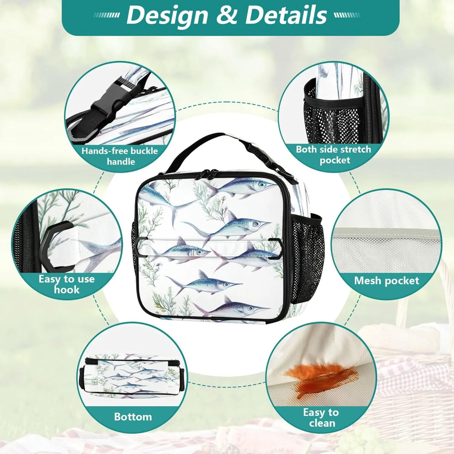 KLL Soft Liner Lunch Bags Leakproof Portable Thermal Lunch Boxes Removable Shoulder Strap Bag for School and Travel Sweet Swordfish Fishes