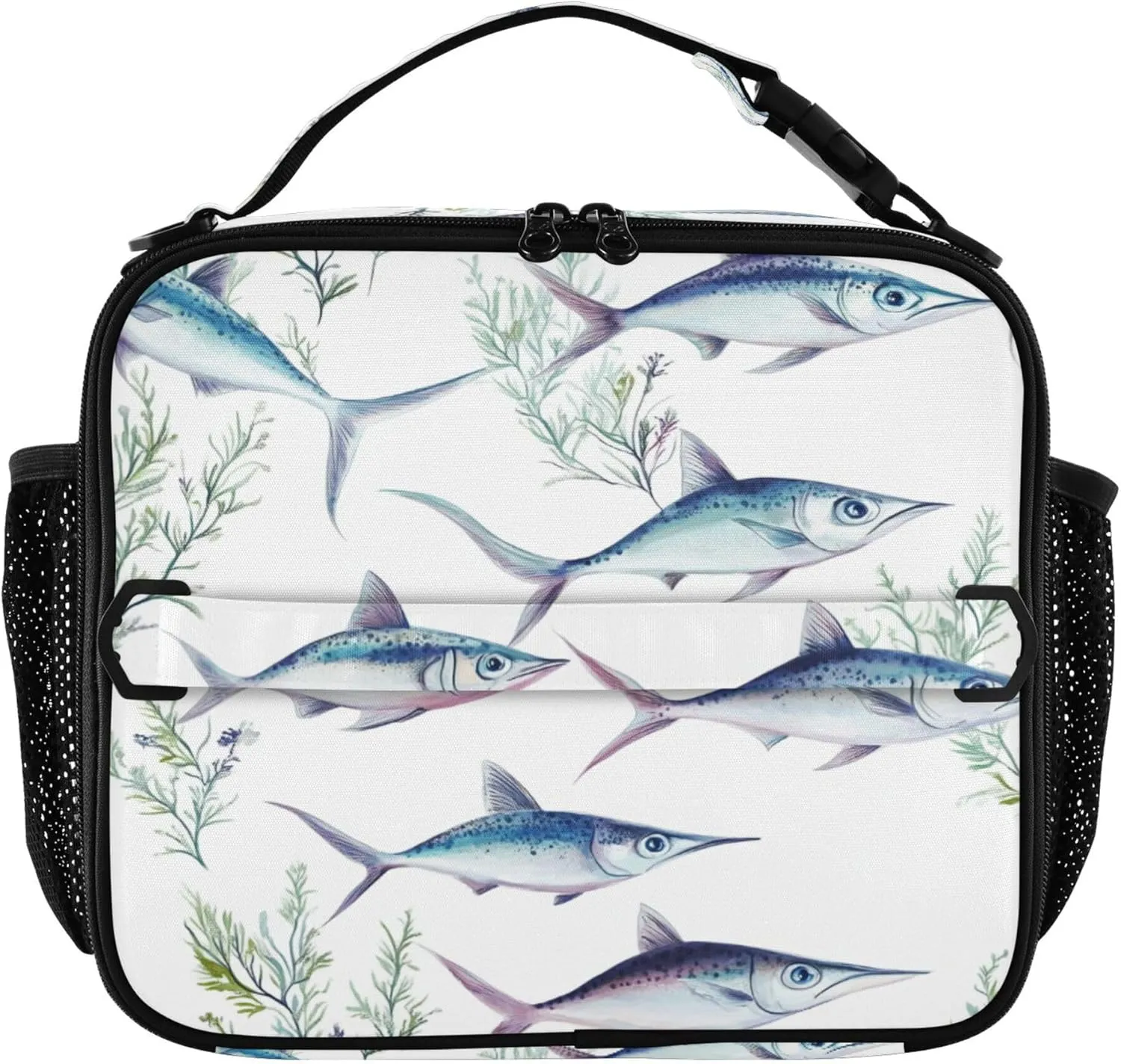 KLL Soft Liner Lunch Bags Leakproof Portable Thermal Lunch Boxes Removable Shoulder Strap Bag for School and Travel Sweet Swordfish Fishes