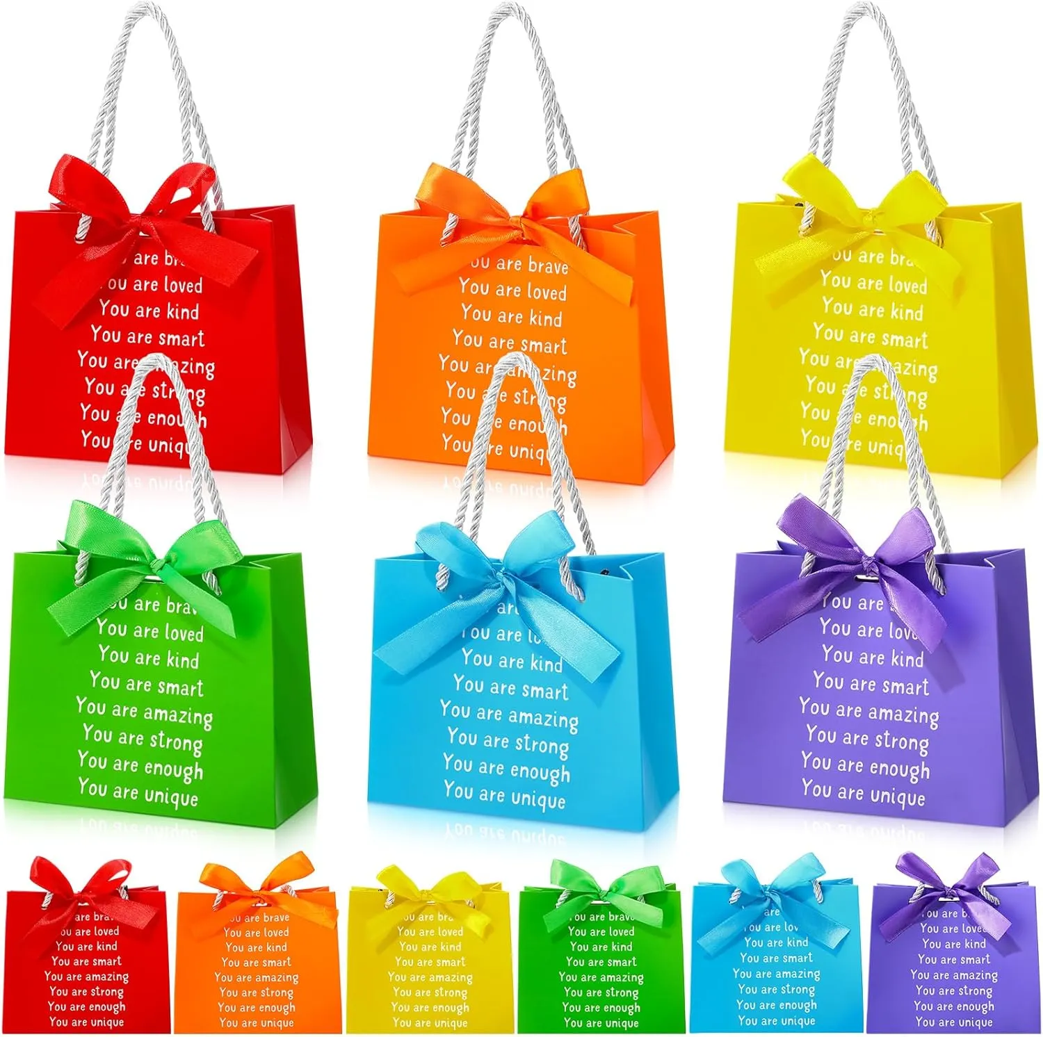 Kolldenn 12 Pack End of The Year Gifts Bags for Students Rainbow Inspiration Bag with Handles and Ribbon Goodie Gift Bag for Primary School Student Sunday School Rainbow Party Favors