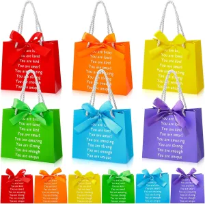 Kolldenn 12 Pack End of The Year Gifts Bags for Students Rainbow Inspiration Bag with Handles and Ribbon Goodie Gift Bag for Primary School Student Sunday School Rainbow Party Favors