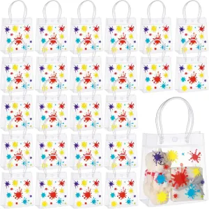 Kolldenn 24 Pcs Art Paint Party Favor Bags Plastic Clear PVC Gift Bags with Handles Colorful Artist Paint Splatter Treat Goodie Candy Bags for Birthday Baby Shower Supplies 5.9 x 6.3x 2.7 in