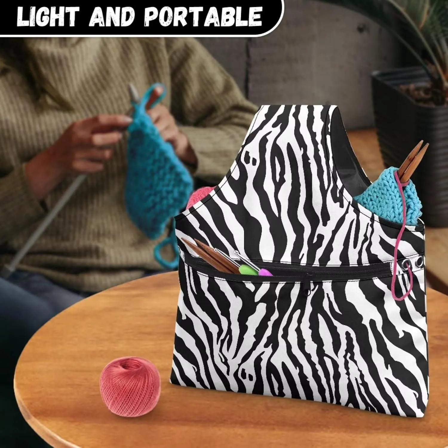 KUIFORTI Knitting Yarn Bag Zebra Print Yarn Bags for Crocheting on The Go Black Crochet Storage Bag for Women Girls at Home Travel Yarn Tote for Crochet Accessories, Knitting Needles, Large Size