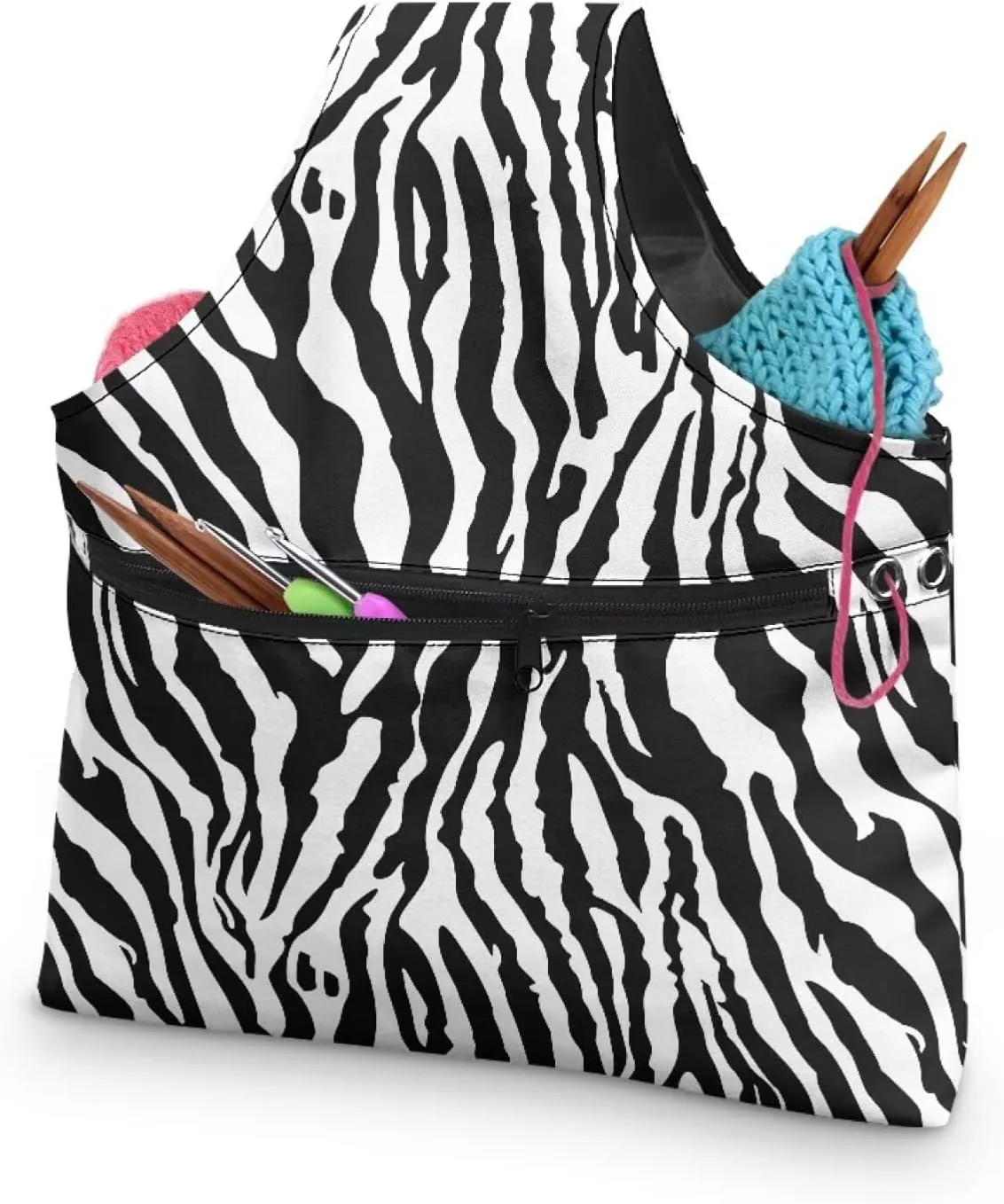 KUIFORTI Knitting Yarn Bag Zebra Print Yarn Bags for Crocheting on The Go Black Crochet Storage Bag for Women Girls at Home Travel Yarn Tote for Crochet Accessories, Knitting Needles, Large Size