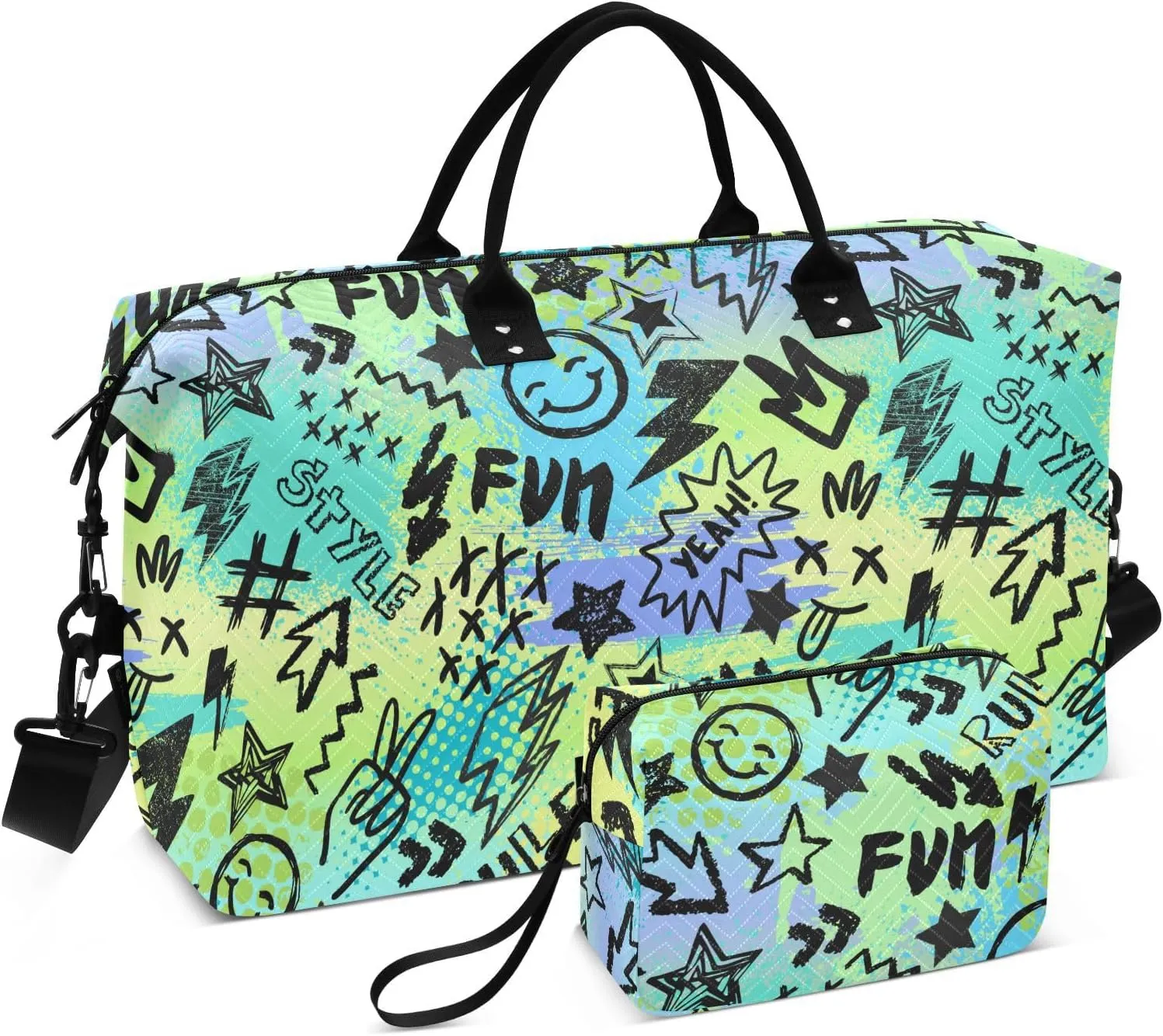Large Bag for Women Urban Graffiti Gym Bag Weekend Bag with Adjustable Strap for Trekking 2 Pcs Set