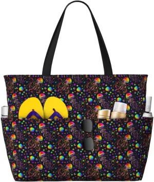 Large Beach Bags Water-resistant Sandproof - Rainbow Jellyfishes Cute Beach Tote Bags for Women with Zipper
