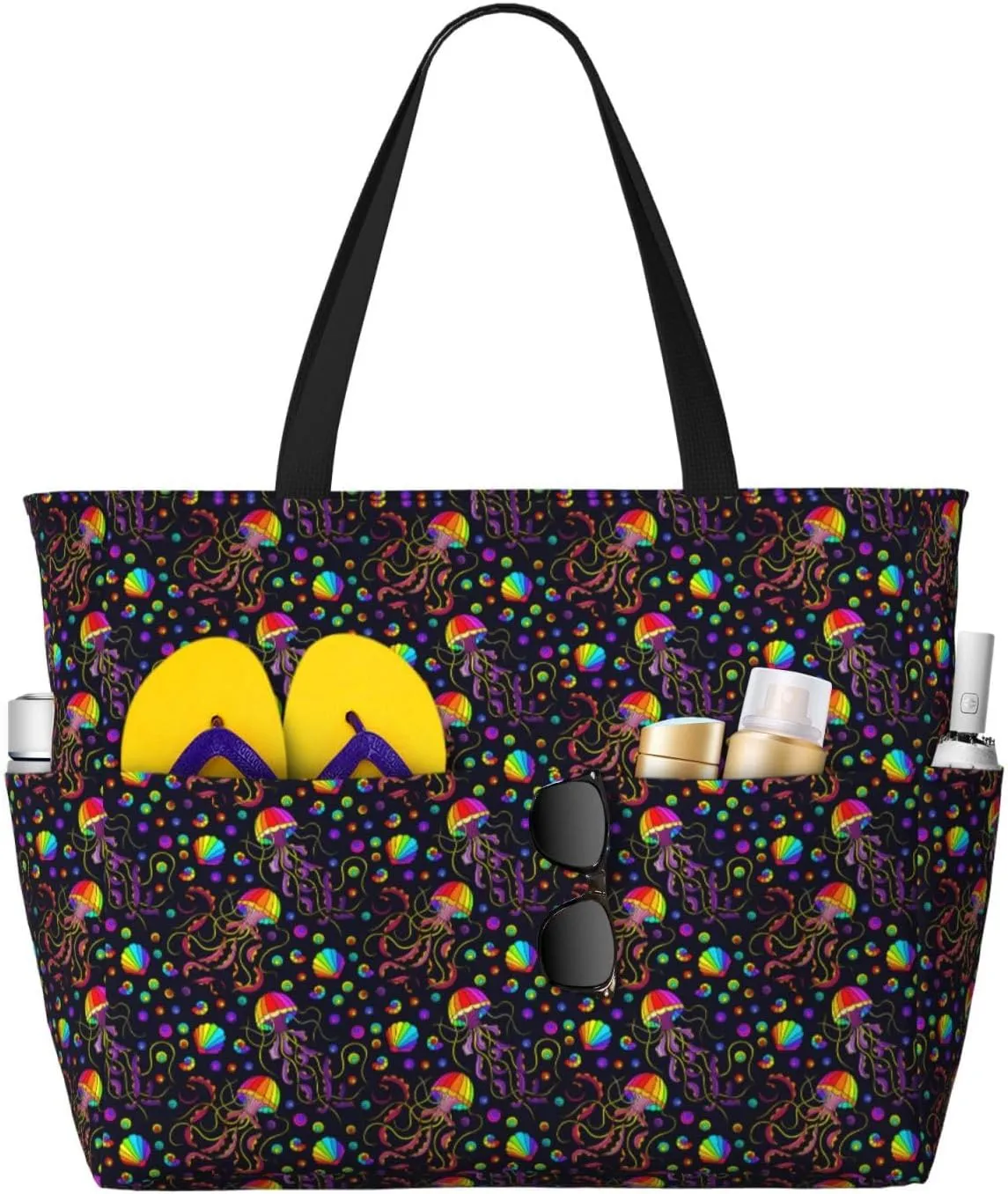 Large Beach Bags Water-resistant Sandproof - Rainbow Jellyfishes Cute Beach Tote Bags for Women with Zipper