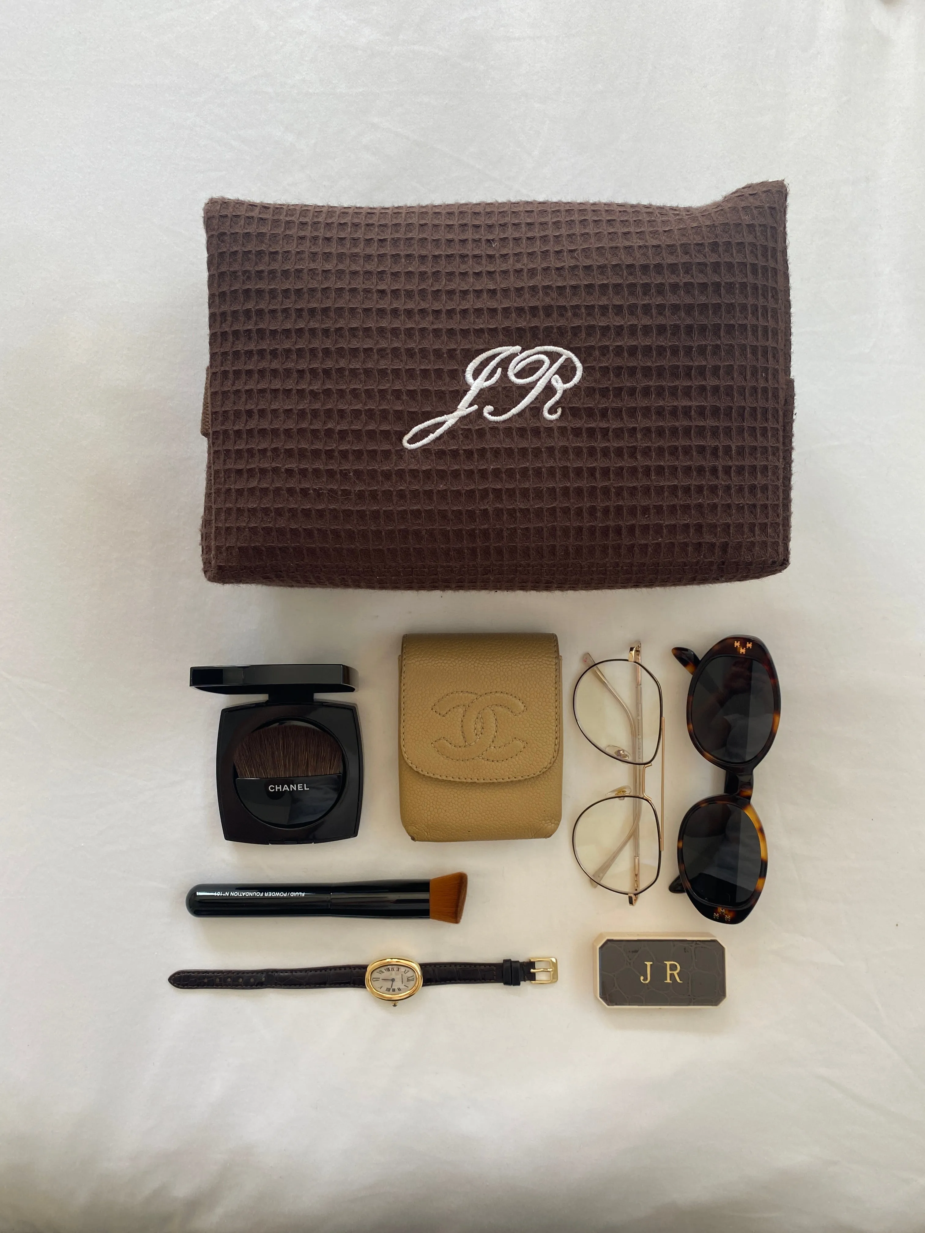 large chocolate brown monogrammed makeup bag