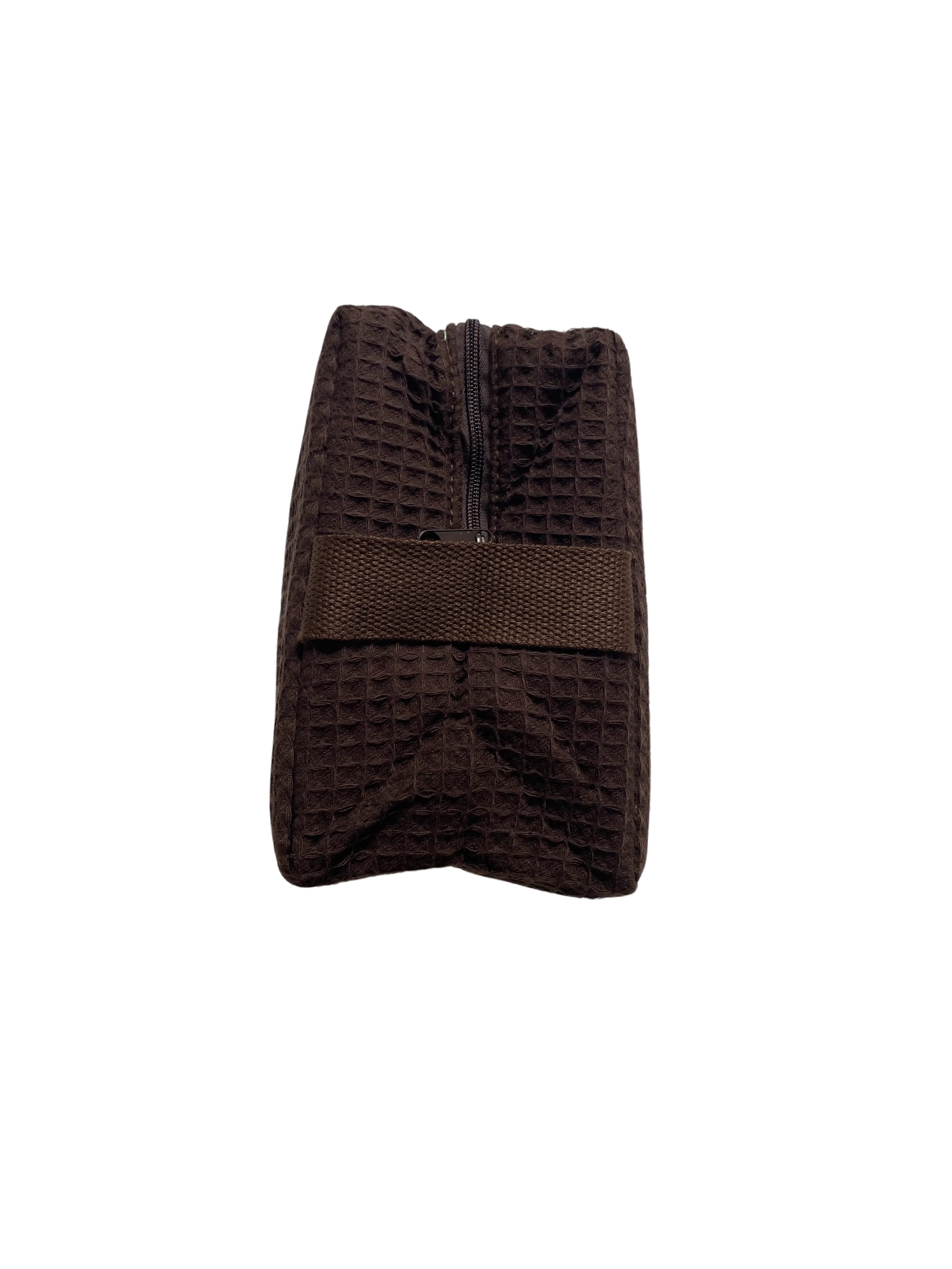 large chocolate brown monogrammed makeup bag