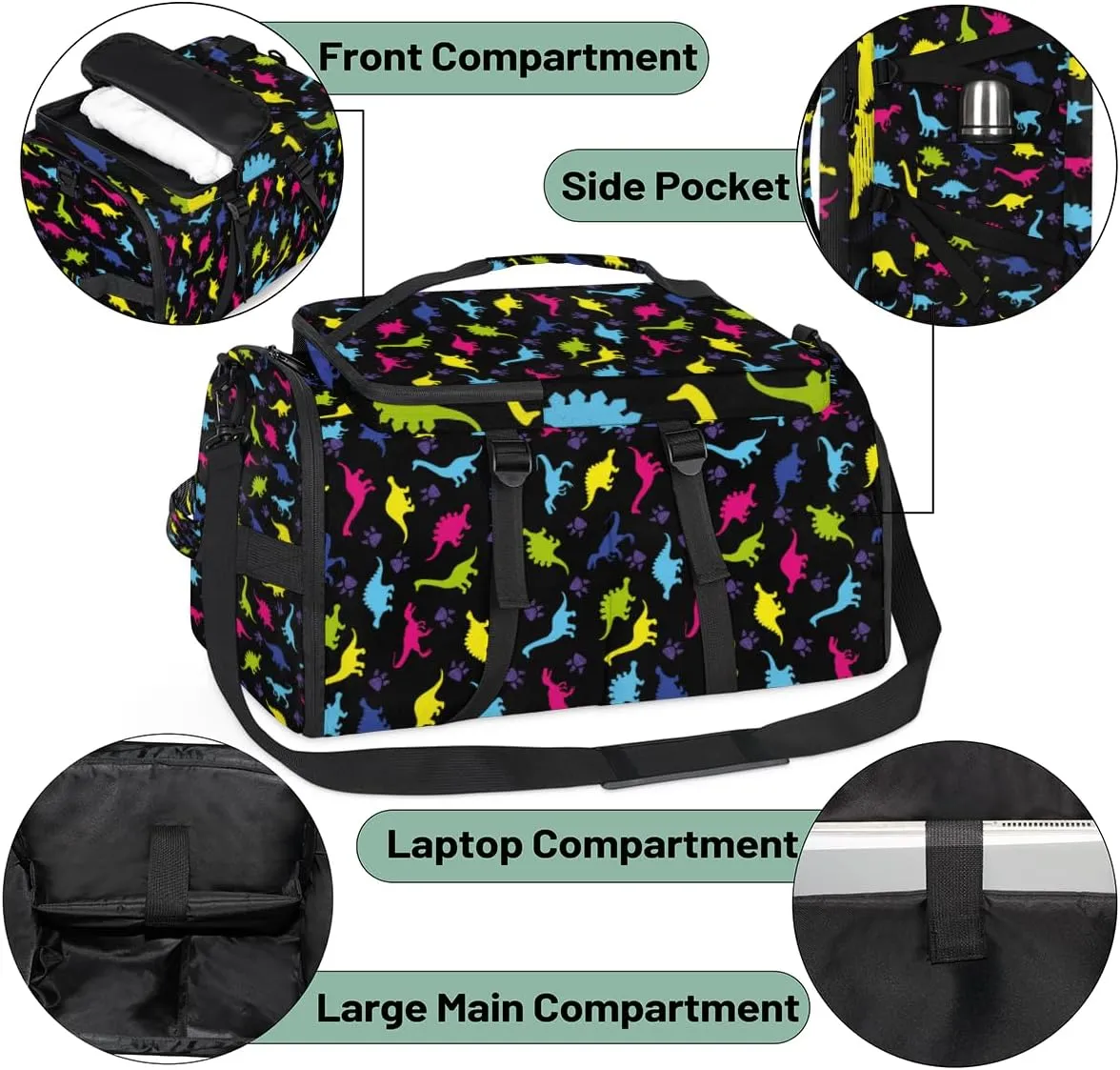 Large Sports Gym Bag With Shoe & Laptop Compartment 47L Waterproof Travel Duffel Bags for Men Women Rainbow Dinosaur Luggage Backpack Duffle Bag