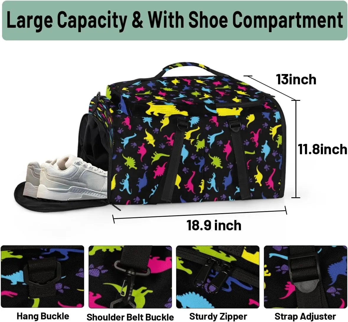 Large Sports Gym Bag With Shoe & Laptop Compartment 47L Waterproof Travel Duffel Bags for Men Women Rainbow Dinosaur Luggage Backpack Duffle Bag
