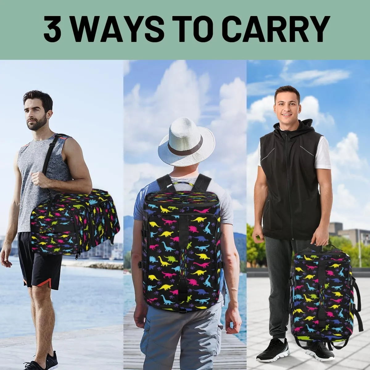 Large Sports Gym Bag With Shoe & Laptop Compartment 47L Waterproof Travel Duffel Bags for Men Women Rainbow Dinosaur Luggage Backpack Duffle Bag