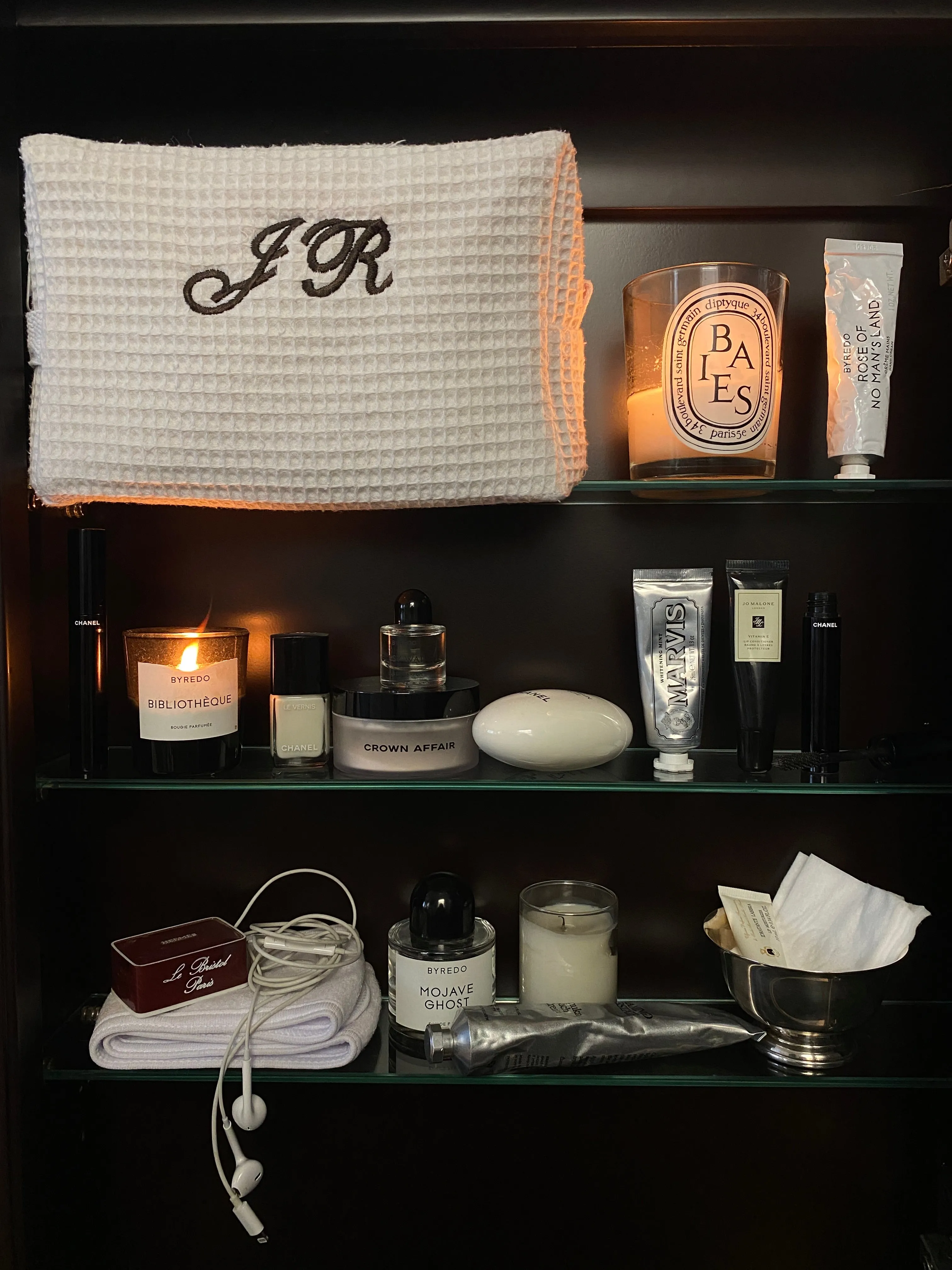 large white monogrammed makeup bag
