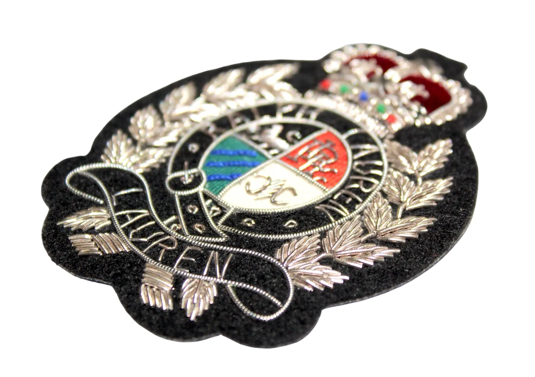 Lauren Hand-Embroidered Crest Patch on Black Felt – Perfect for Blazers, Jackets, and T-Shirts