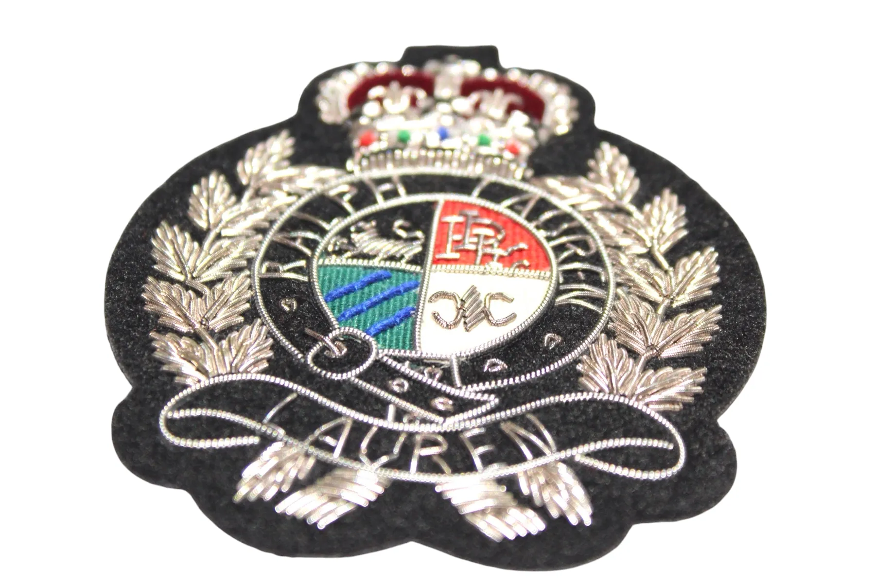 Lauren Hand-Embroidered Crest Patch on Black Felt – Perfect for Blazers, Jackets, and T-Shirts