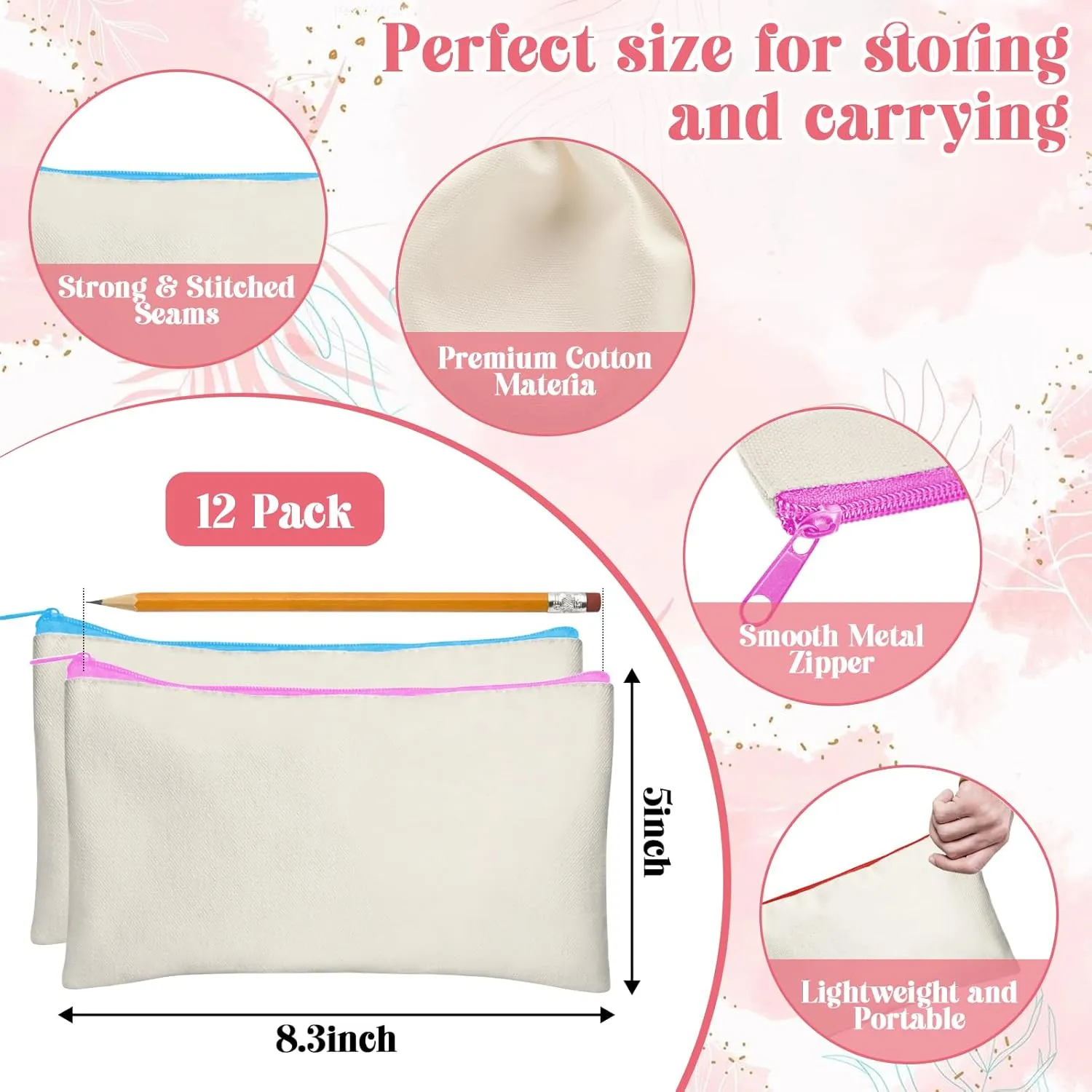 Legigo Blank DIY Craft Canvas Pencil Case - Makeup Pouch, Multi-Purpose Travel Toiletry Zipper Bag, Bulk Cosmetic Bags 8.3 5 Inch