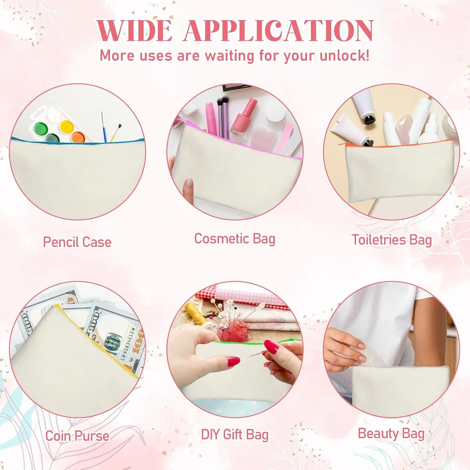 Legigo Blank DIY Craft Canvas Pencil Case - Makeup Pouch, Multi-Purpose Travel Toiletry Zipper Bag, Bulk Cosmetic Bags 8.3 5 Inch