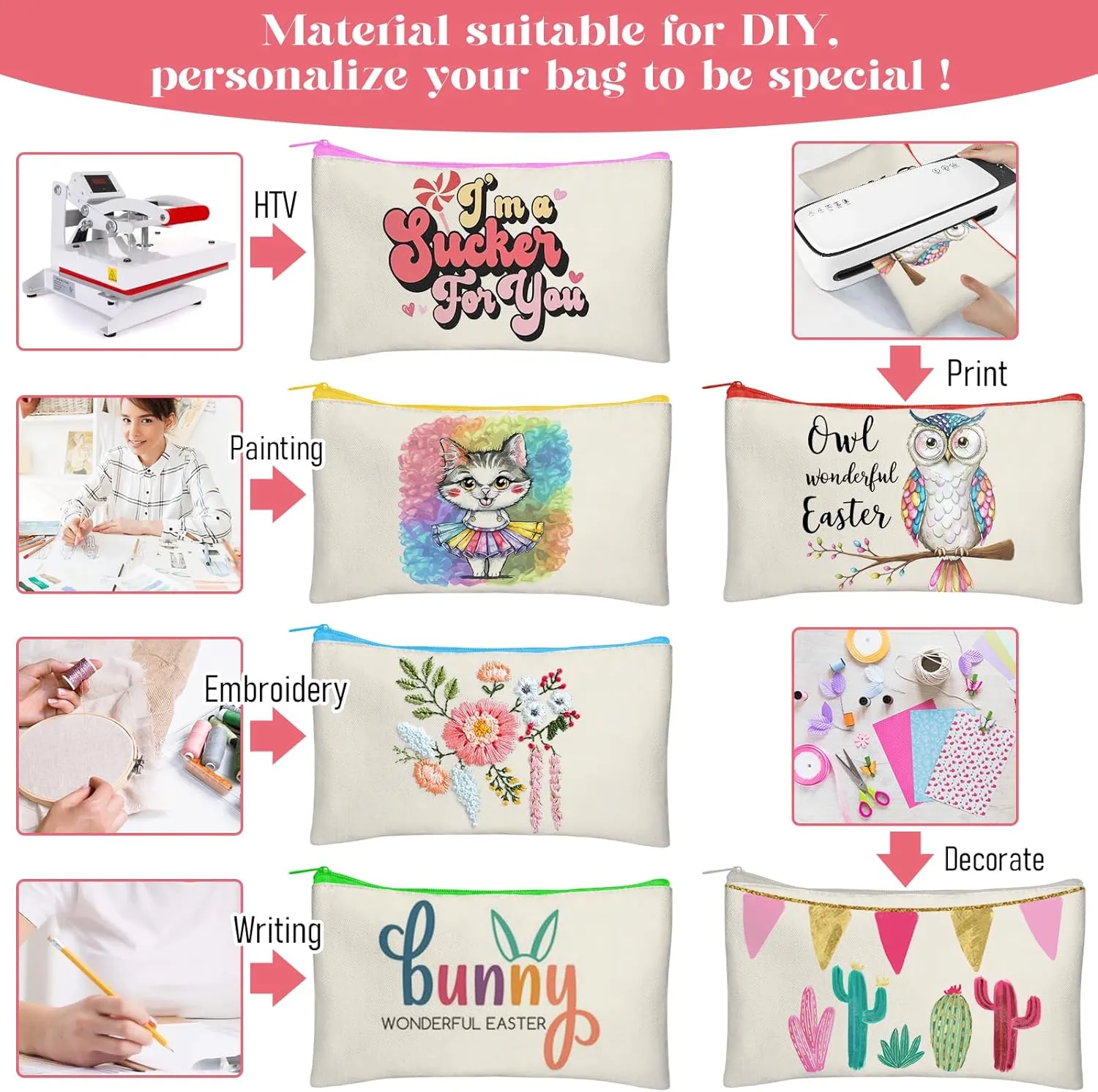 Legigo Blank DIY Craft Canvas Pencil Case - Makeup Pouch, Multi-Purpose Travel Toiletry Zipper Bag, Bulk Cosmetic Bags 8.3 5 Inch